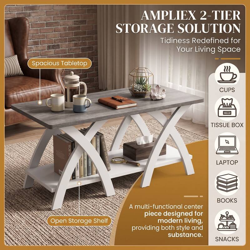 Spacious Tabletop

AMPLIEX 2-TIER STORAGE SOLUTION
Tidiness Redefined for Your Living Space

CUPS
TISSUE BOX
LAPTOP
BOOKS
SNACKS

Open Storage Shelf

A multi-functional center piece designed for modern living, providing both style and substance.