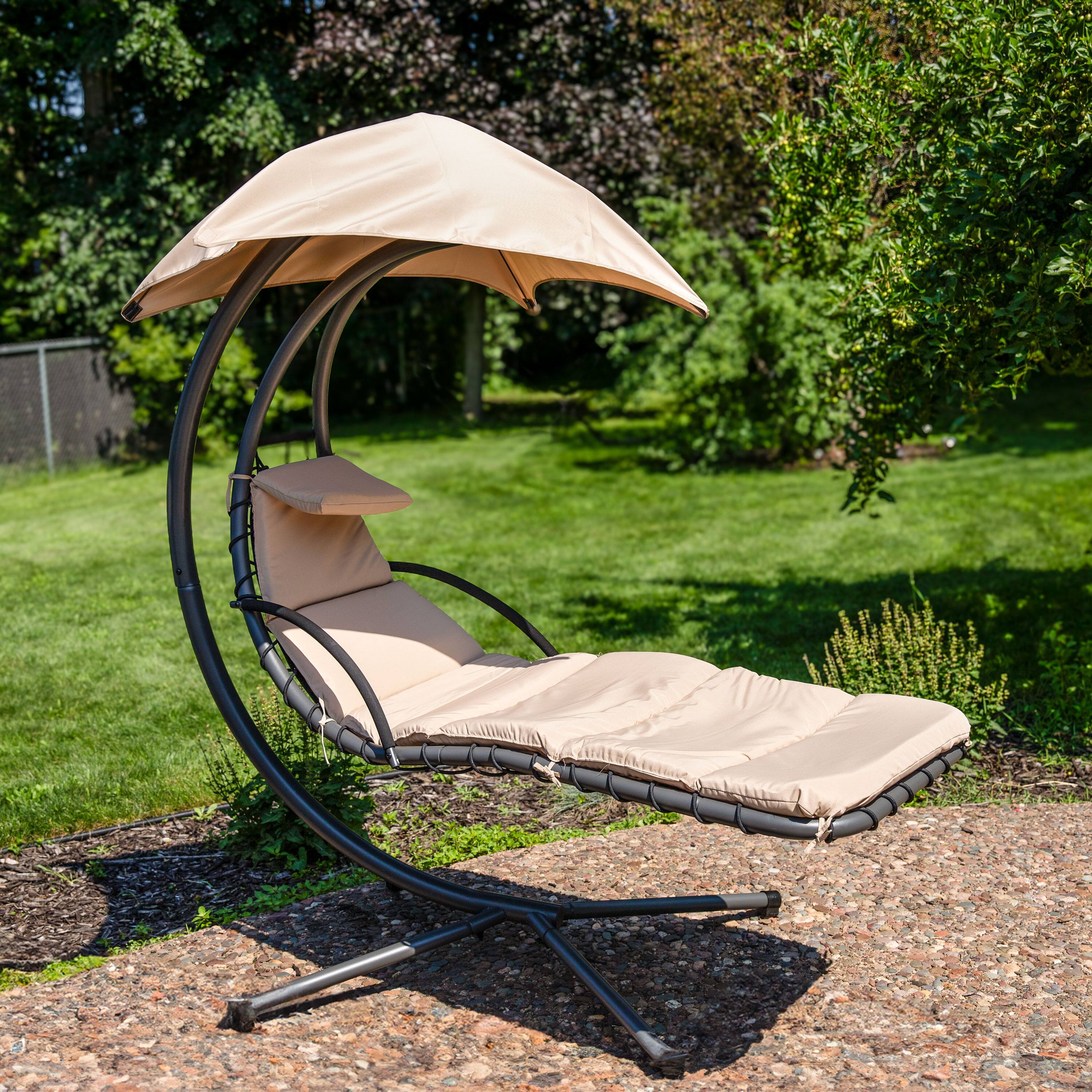 Alt View 3. Sunnydaze - Floating Lounge with Umbrella/Cushion and Stand - Beige.
