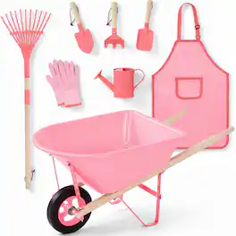 Best Choice Products - Kids Wheelbarrow Gardening Tool Set 8 Piece with Metal Tools, Apron, Gloves Ages 3+ - Pink/Pink
