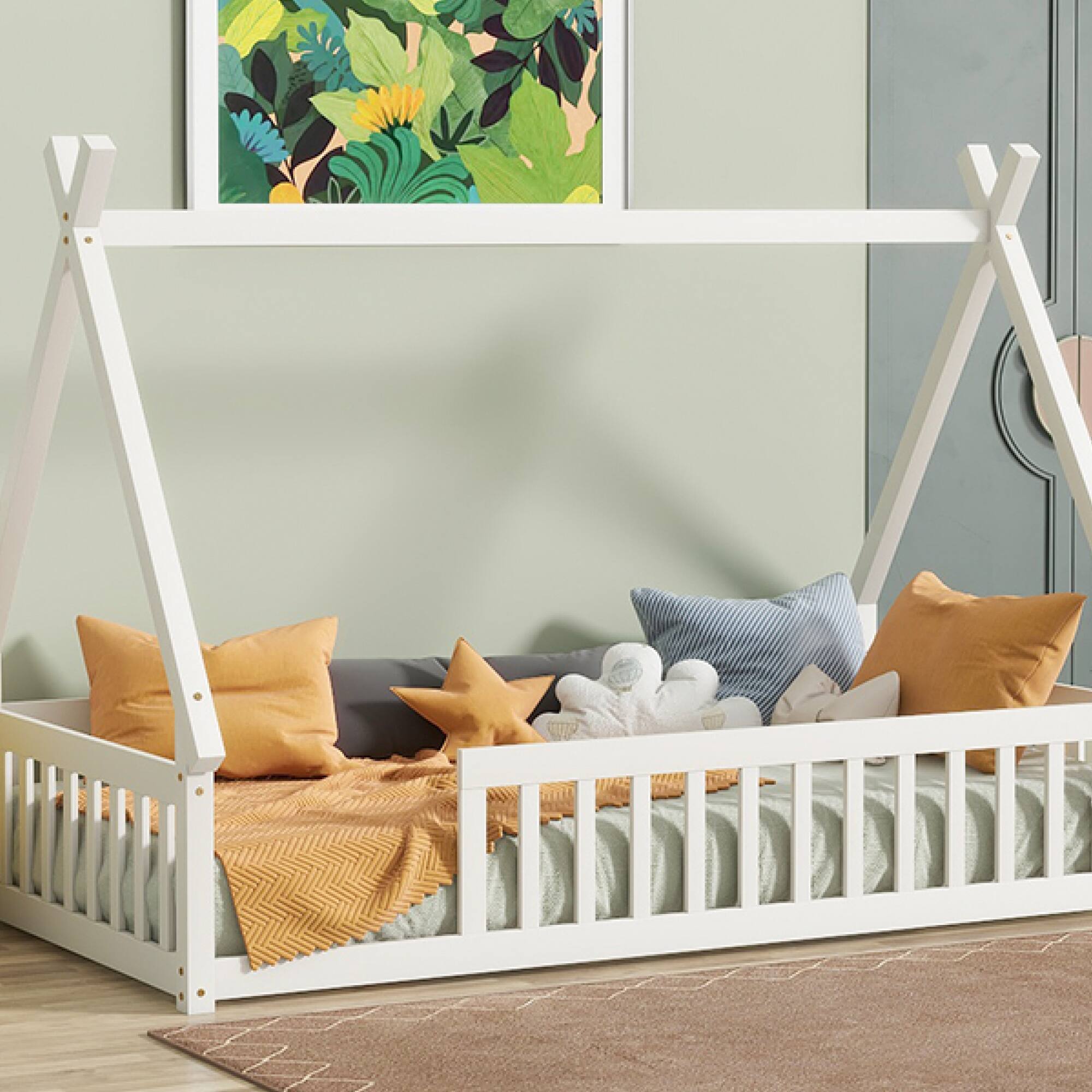 Alt View 9. GOODSILO - Twin-Size Tent-Shaped Low Profile Floor Bed with Safety Guardrails and Slatted Base - White.