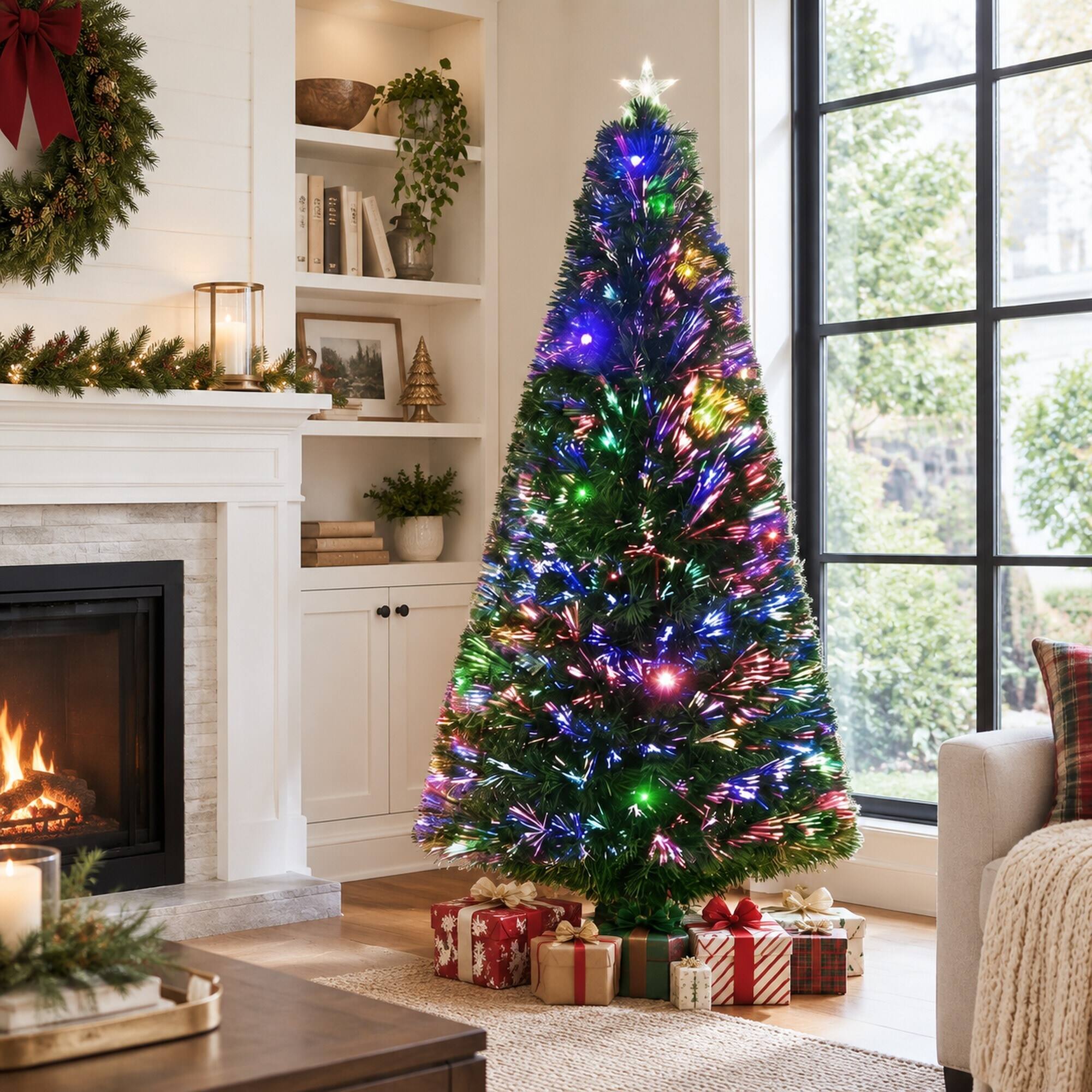 Back. RYHNUYNE - 6FT Pre-Lit Douglas Fir Christmas Tree With Realistic Branches and Warm LED Lights - Green.