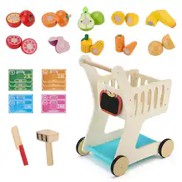 VEVOR - Shopping Cart for Kids, Wooden, Toy Shopping Cart with Extra Storage, Realistic Play Food and Scanner - Milky White & Natural Wood