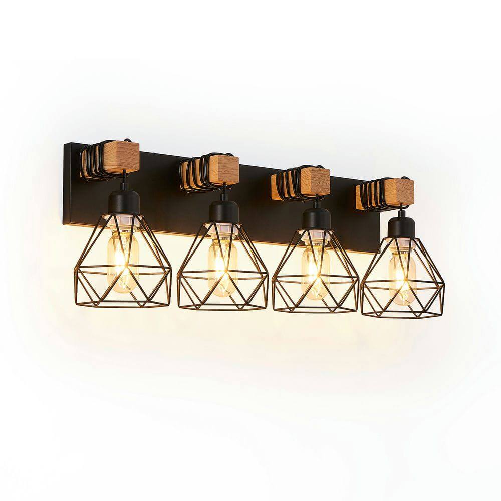 Angle. Kadyn - 24" Modern Geometric 4-Light Vanity Light Fixture with Black Metal, Wooden Accents and Cage Lampshade, Black - Black.