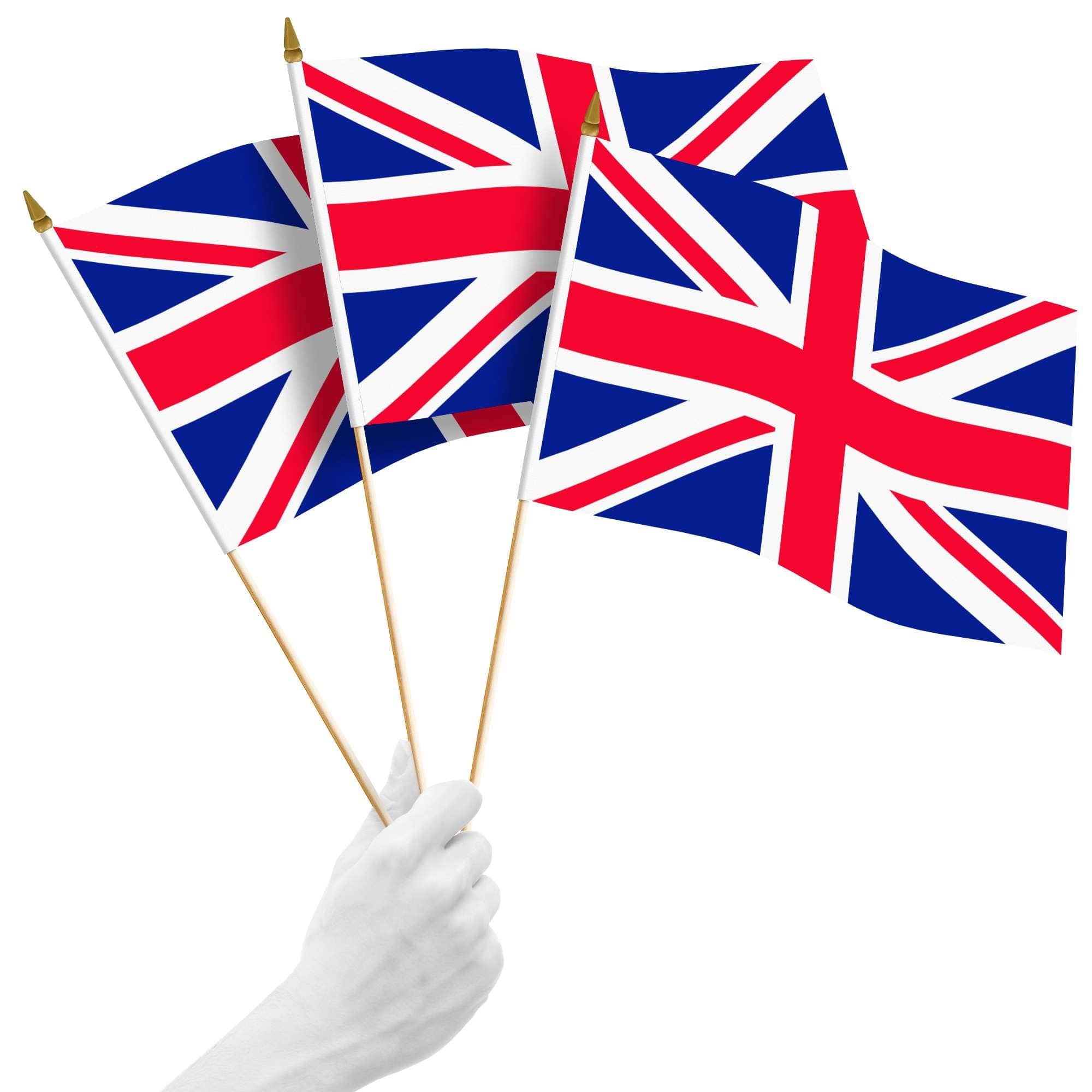 G128 - Handheld United Kingdom UK Stick Flags 12x18 Inch Printed 150D Polyester 10 Pack - Red, White, Blue