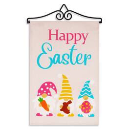 G128 - 14 in Garden Flag Hanger with 12 x 18 in Double-Sided Burlap Garden Flag – Happy Easter 3 Gnomes Design - Pink