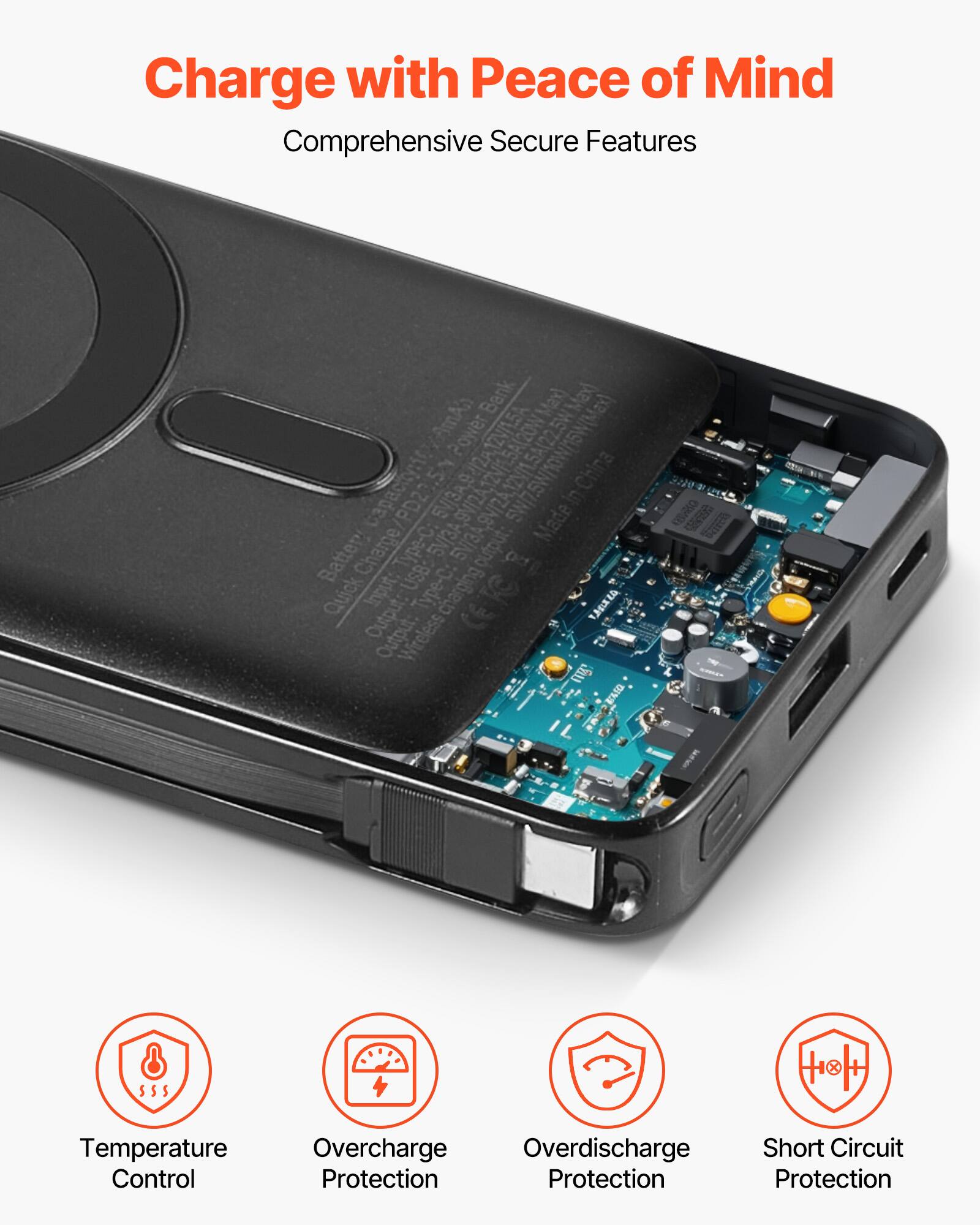 Charge with Peace of Mind  
Comprehensive Secure Features  

- Temperature Control  
- Overcharge Protection  
- Overdischarge Protection  
- Short Circuit Protection  

Bank Max  
CAMA Power 922A12V/15A  
Capacity: 10 PD22 5N 5V/3A sw/7.5W/10W/5W(Max)  
Made in China  
Battery Charge Type-C 5V/3A  
Output: Quick Input: USB: Type-C: charging Output: Wireless  
EASO e S I SSS HH