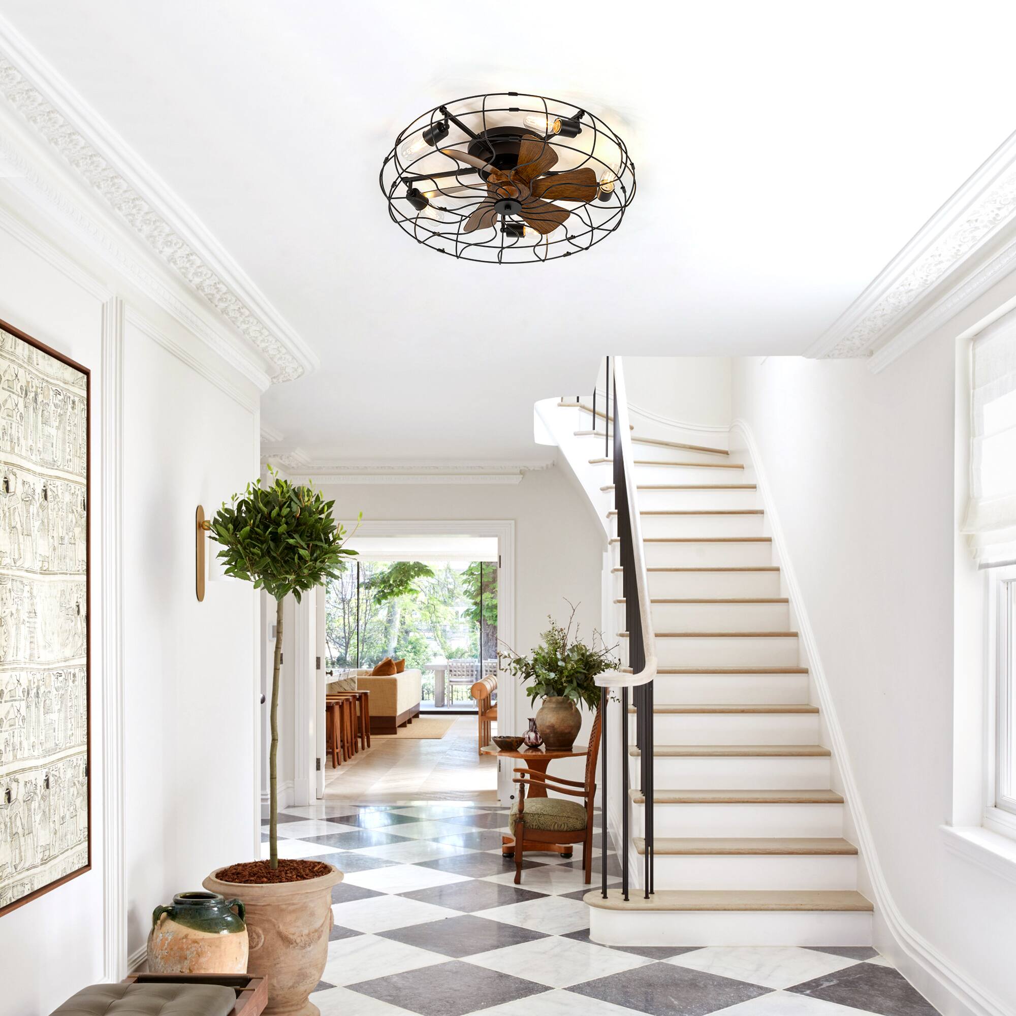 Back. Breezary - 19/24 Inch Durable Cage Ceiling Fan with Light Remote Control Flush Surface Mount for Bedroom Living Room - Black & Wood Grain.