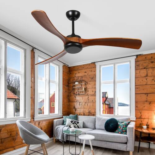 Back. LUCKY ONE - 72" Low Profile Ceiling Fan No Light Remote 6-Speed Wood Blades - Black,Natural Wood.