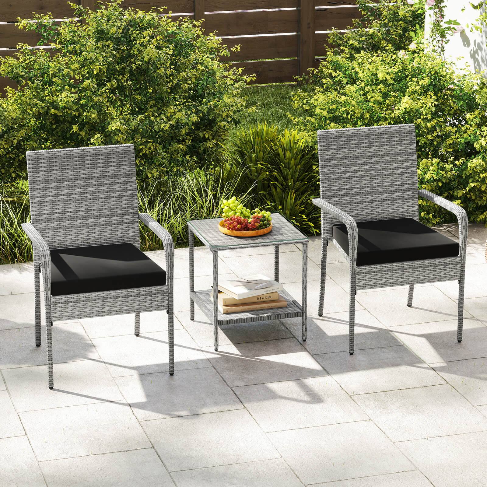 Alt View 4. Costway - Costway 3 PCS Patio Furniture Set with Seat Cushions & Tempered Glass Tabletop - Gray,Black.