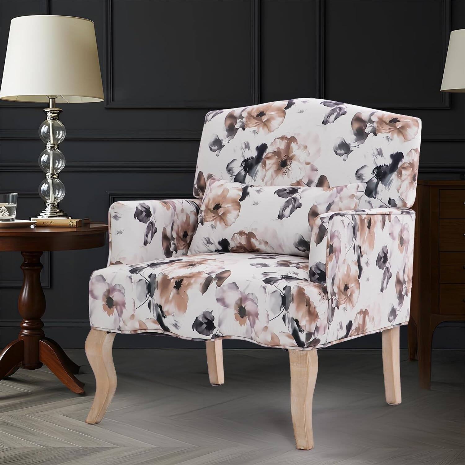 Alt View 4. U-HOMY - Mid-Century Accent Chair with Floral Fabric, Solid Wood Frame & High-Resilience Foam for Living Room - Purple.
