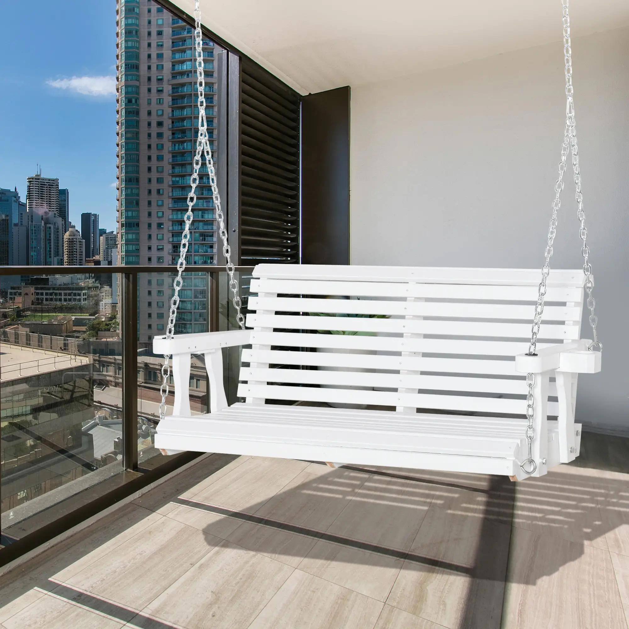 Left. Resenkos - Resenkos 2-Person Swing Chair With Chains & Cupholders, White, Perfect for Garden, Poolside, & Backyard, White.