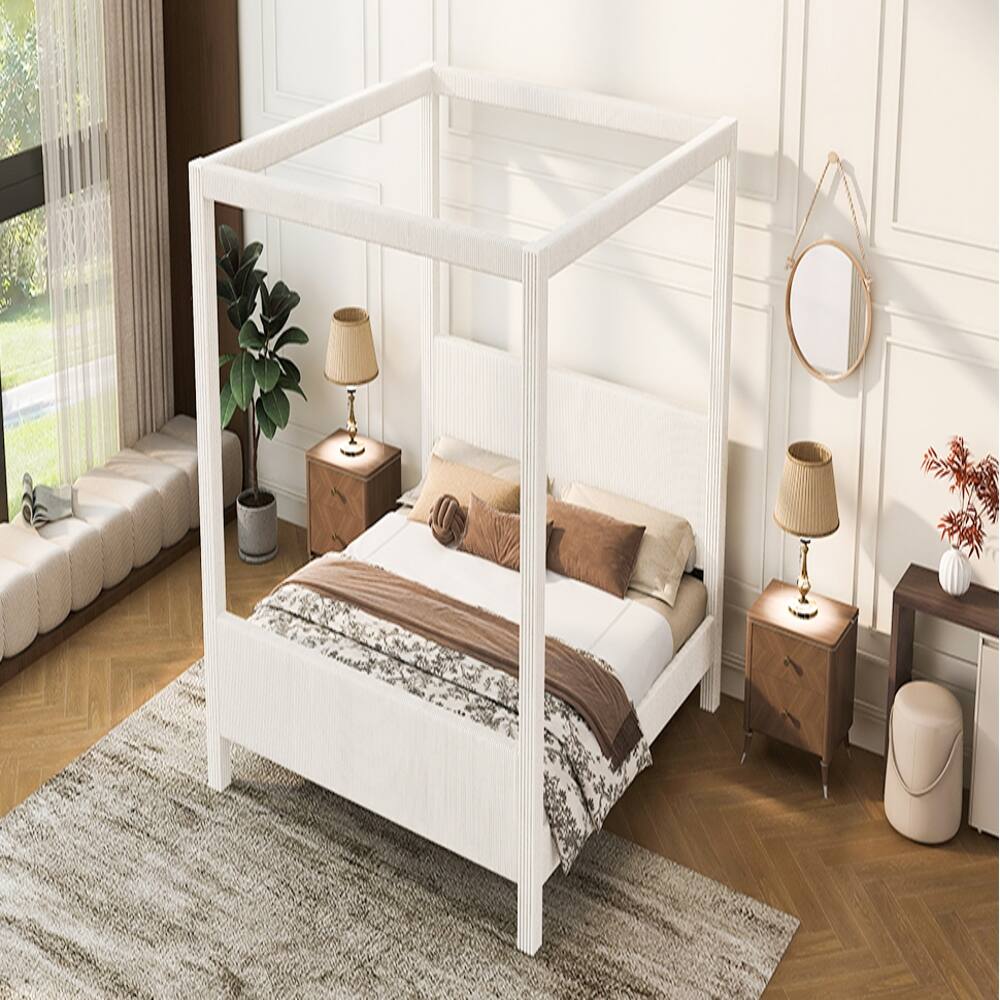 Back. Loheer - Loheer King Size Canopy Bed Upholstered Platform Bed Corduroy Beige - Beige.