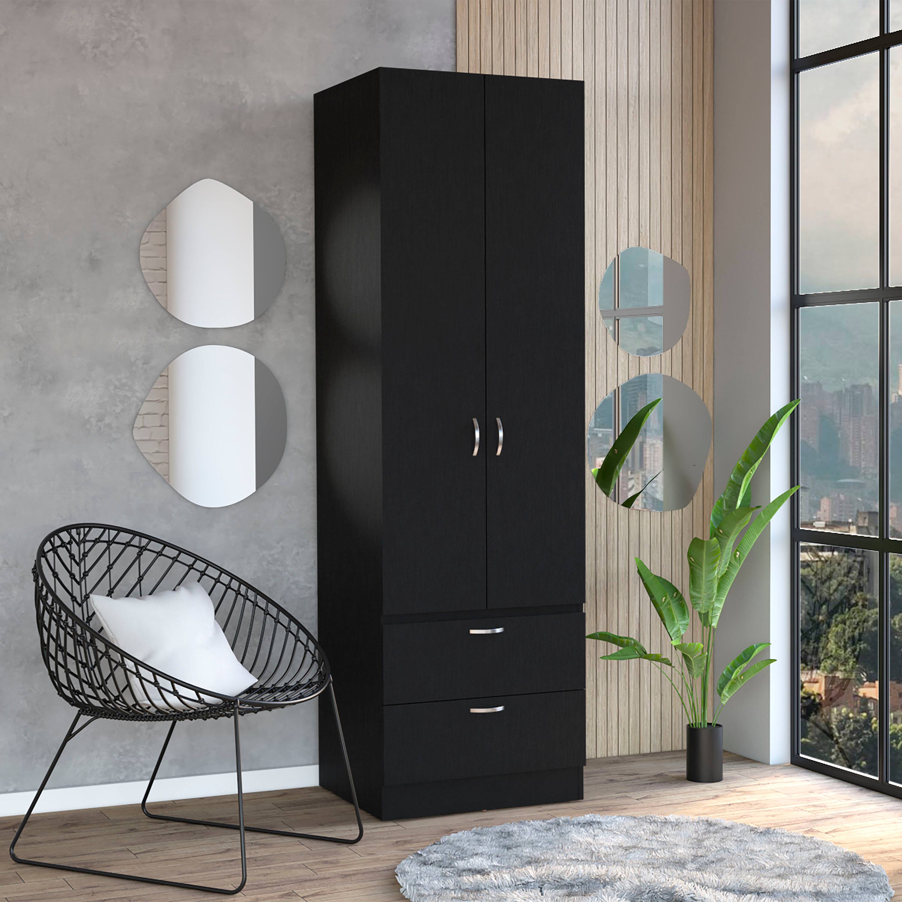 Front. TinyHomie - Vico 76 High Armoire Wardrobe Closet 2 Drawers 2 Doors 1 Shelf Hanging Rod - Black.