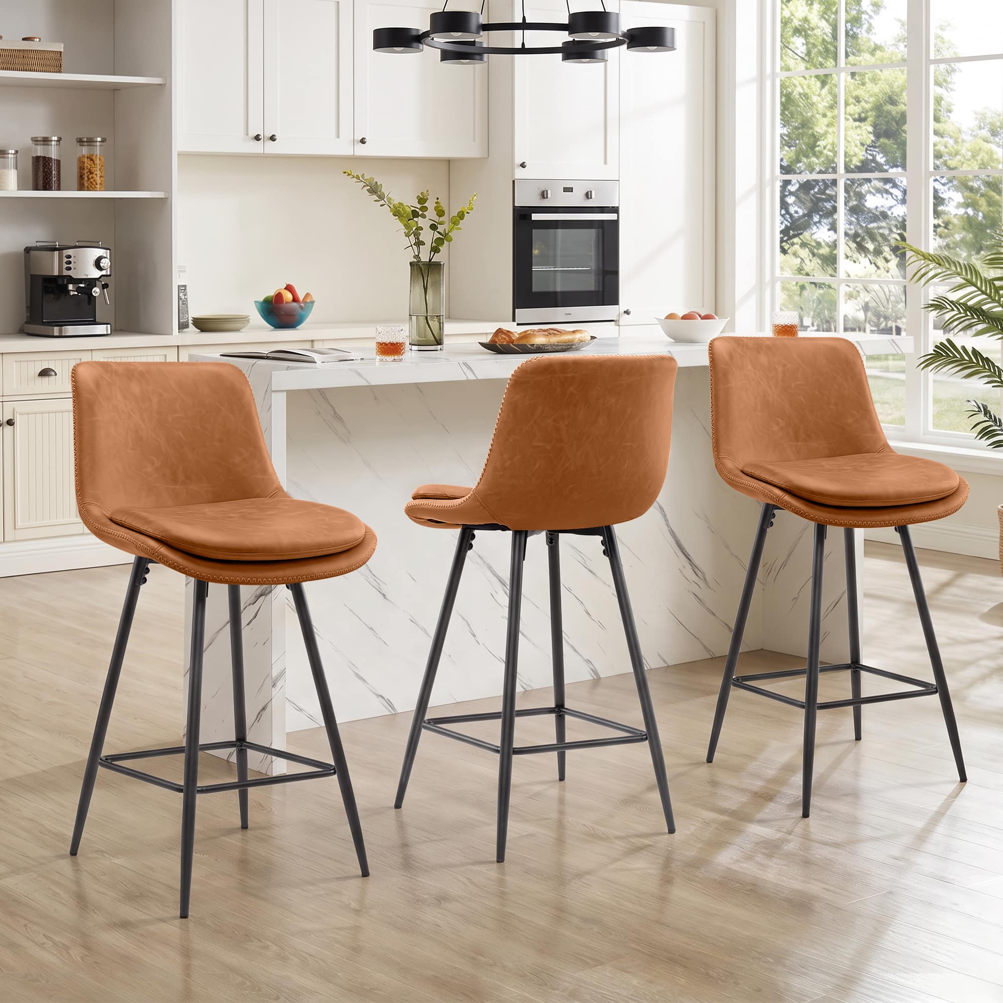 KERDOM - 26'' Height Bar Stools Set of 2/3/4, PU Leather Kitchen Island Chairs for Home Pub, Tall Dining Chair Cafe Counter Stool - 3pcs