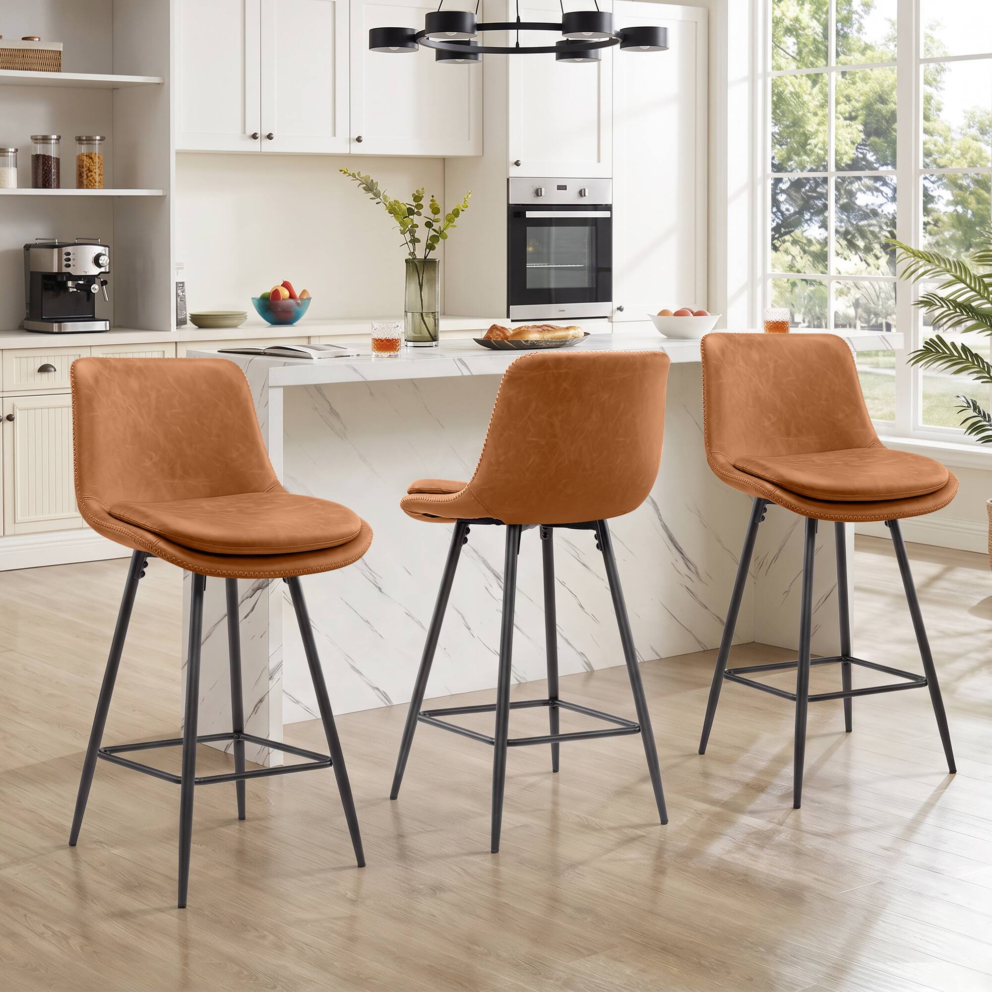 Front. KERDOM - 26'' Height Bar Stools Set of 2/3/4, PU Leather Kitchen Island Chairs for Home Pub, Tall Dining Chair Cafe Counter Stool - 3pcs.