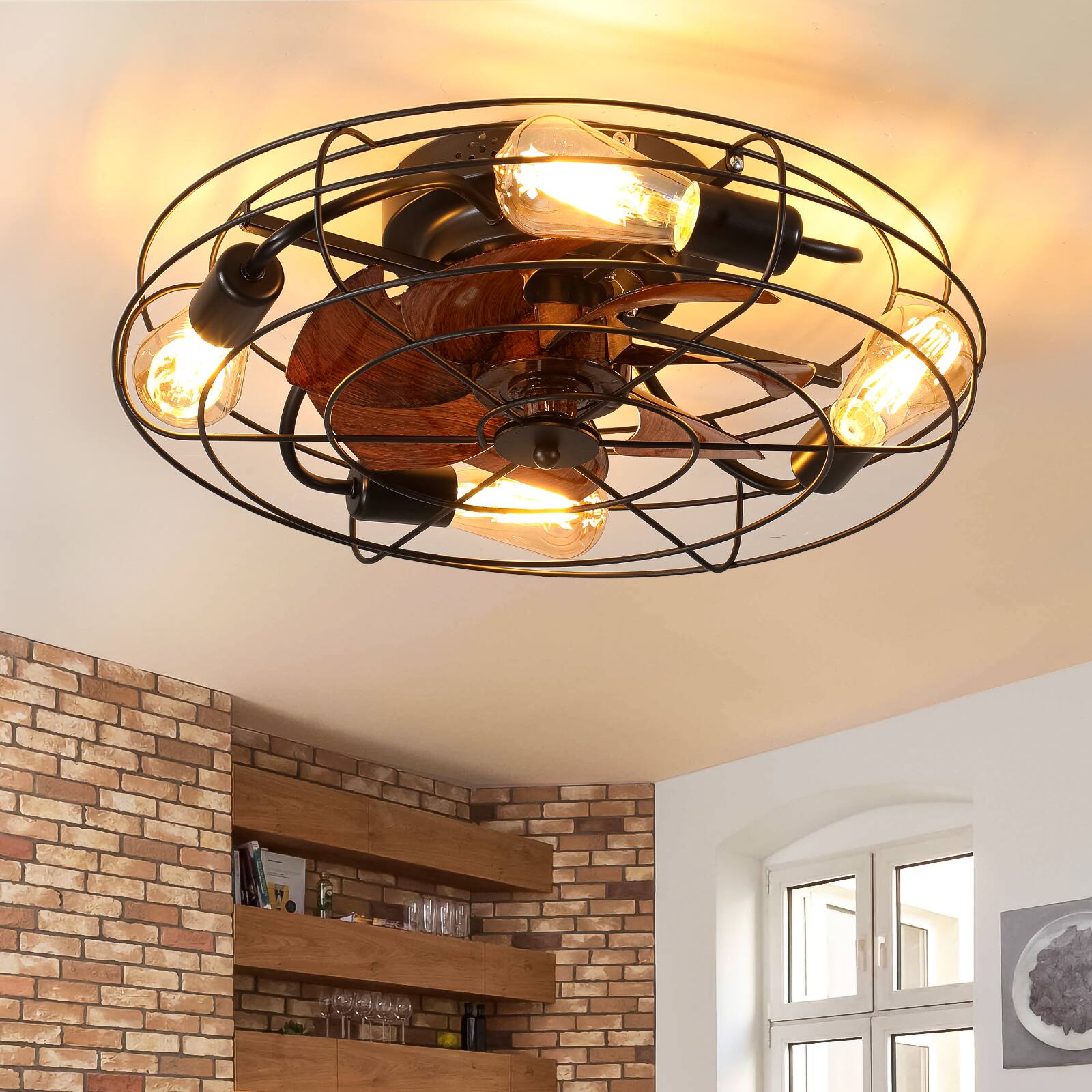 Front. TinyHomie - Caged Ceiling Fan With Light 20 farmhouse Low Profile with Remote Control Modern Enclosed 4x E26 Bulb Ceiling Fans.