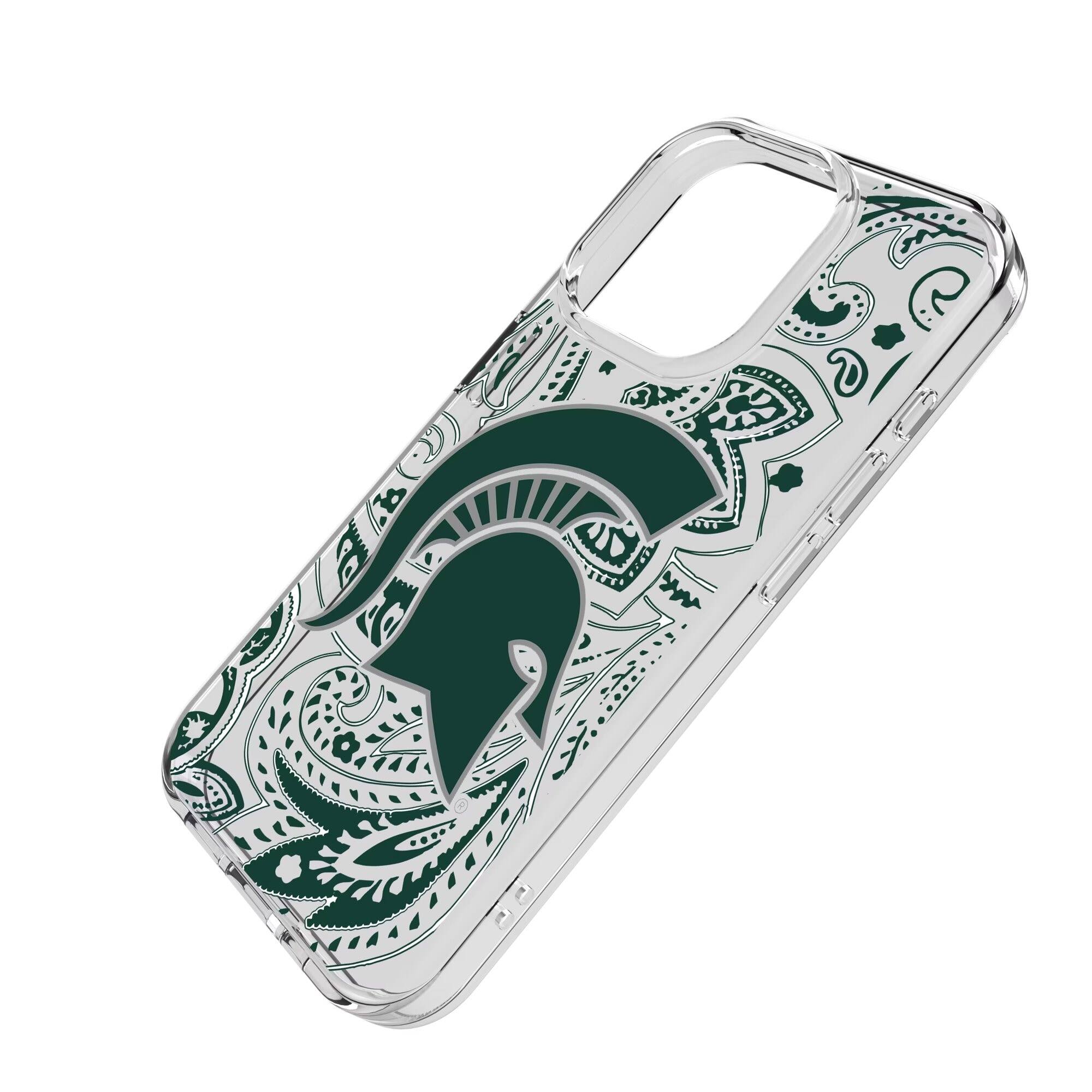 Alt View 1. Keyscaper - Michigan State Spartans Paisley iPhone Clear Case - 16 Plus - Multicolor.
