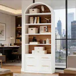 HTUTWOO - 5-Tier Arched Bookshelf, Sturdy with Drawers, Ample Storage Anti-Tip for Living Room Home Office Bedroom - White