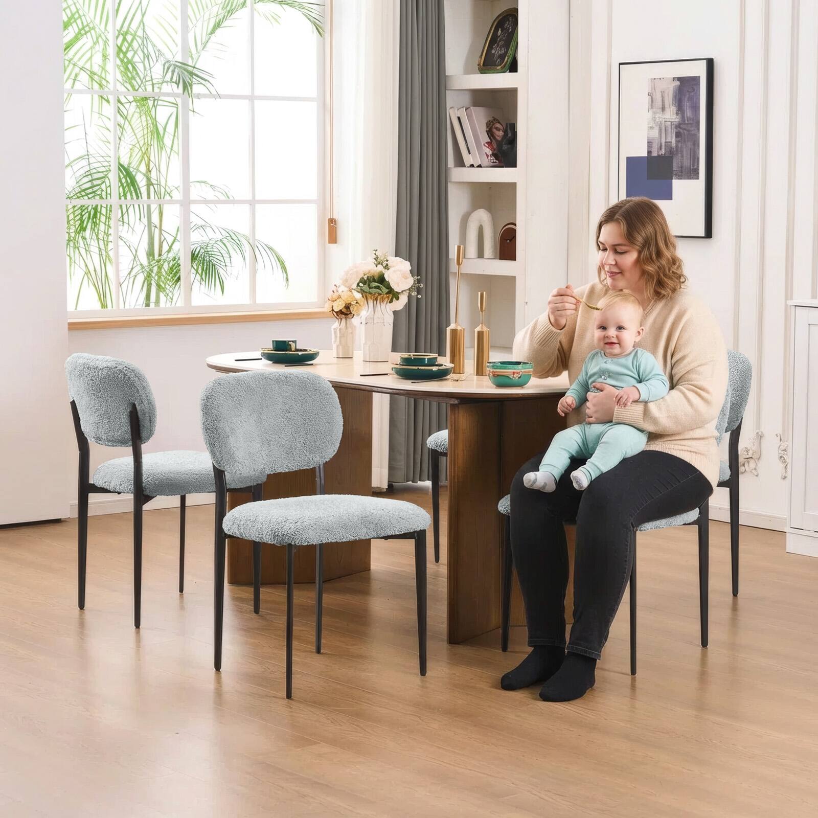 Angle. FERPIT - FERPIT Upholstered Dining Chairs Metal Legs, Sherpa Fabric Dining Chair Set with Backrest Dining Room Living Room, Gray - Light Gray.