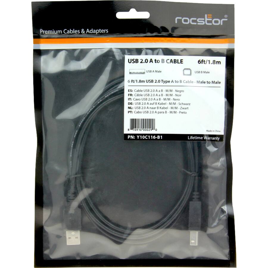Premium Cables & Adapters

USB 2.0 A to B CABLE  
6ft/1.8m

6 ft/1.8m USB 2.0 Type A to B Cable - Male to Male

ES: Cable USB 2.0 A a B M/M Negro  
FR: Cable USB 2.0 A a B M/M Noir  
IT: Cavo USB 2.0 A a B M/M Nero  
DE: USB 2.0 A auf B Kabel M/M Schwarz  
NL: USB 2.0 A naar B Kabel M/M Zwart  
PT: Cabo USB 2.0 A para B M/M Preto

PN: Y10C116-B1  
Made in China  
Lifetime Warranty