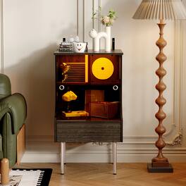 FUFU & GAGA - Modern Small Display Cabinet with Warm LED Light & Sliding Glass Doors, Wooden Storage Unit for Bedroom & Living Room - Black