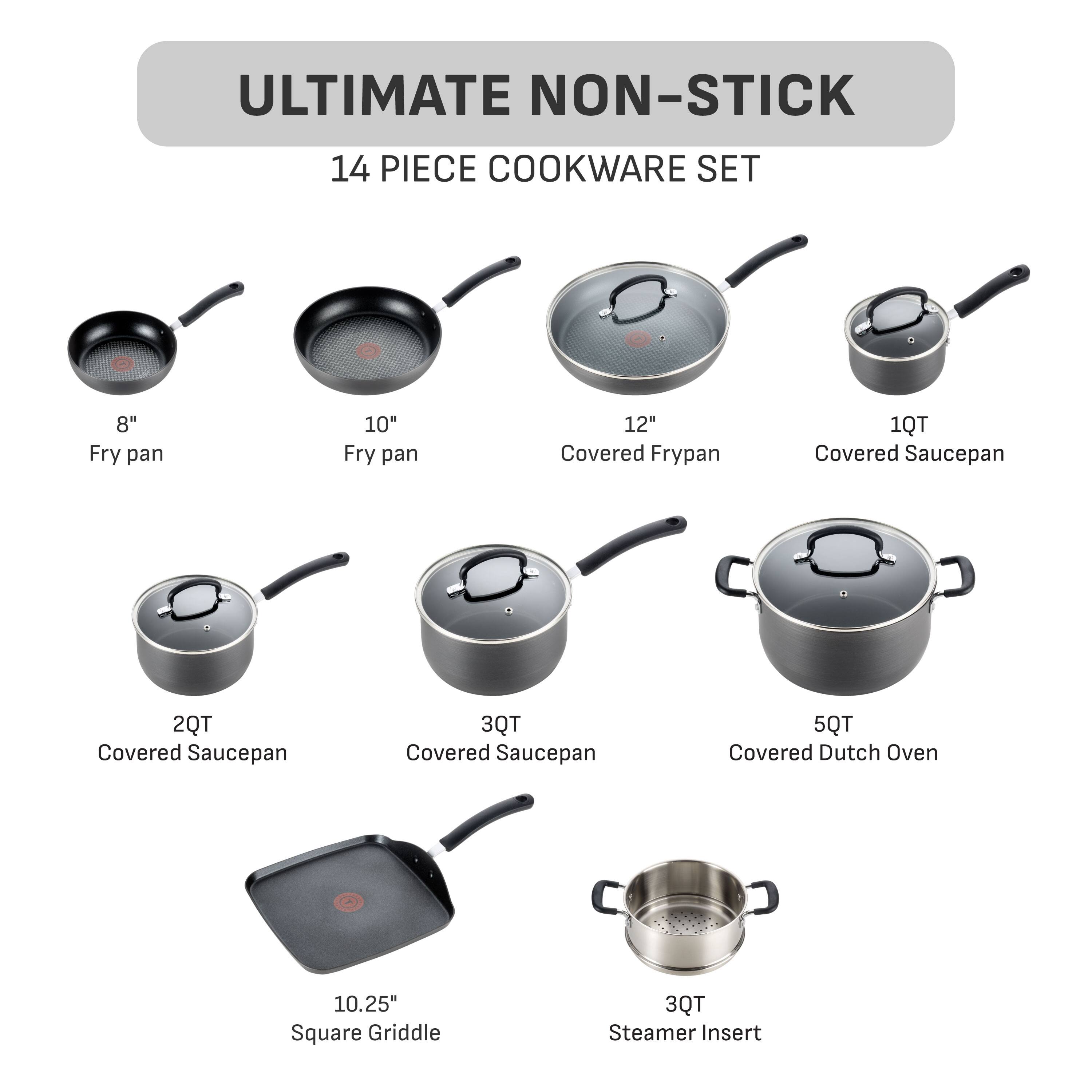 ULTIMATE NON-STICK  
14 PIECE COOKWARE SET  
8" Fry pan  
10" Fry pan  
12" Covered Frypan  
1QT Covered Saucepan  
2QT Covered Saucepan  
3QT Covered Saucepan  
5QT Covered Dutch Oven  
10.25" Square Griddle  
3QT Steamer Insert