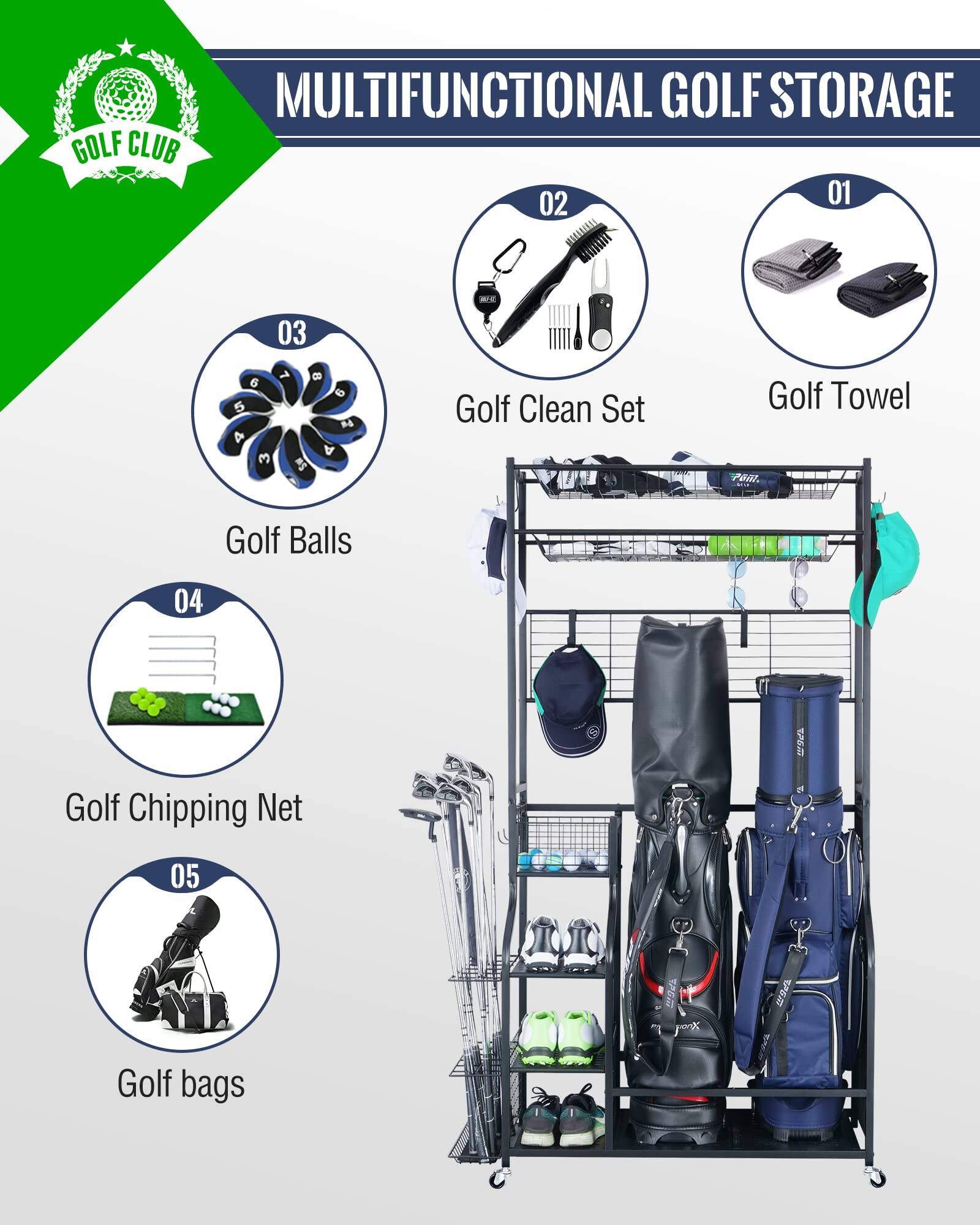 MULTIFUNCTIONAL GOLF STORAGE

01 Golf Towel  
02 Golf Clean Set  
03 Golf Balls  
04 Golf Chipping Net  
05 Golf Bags