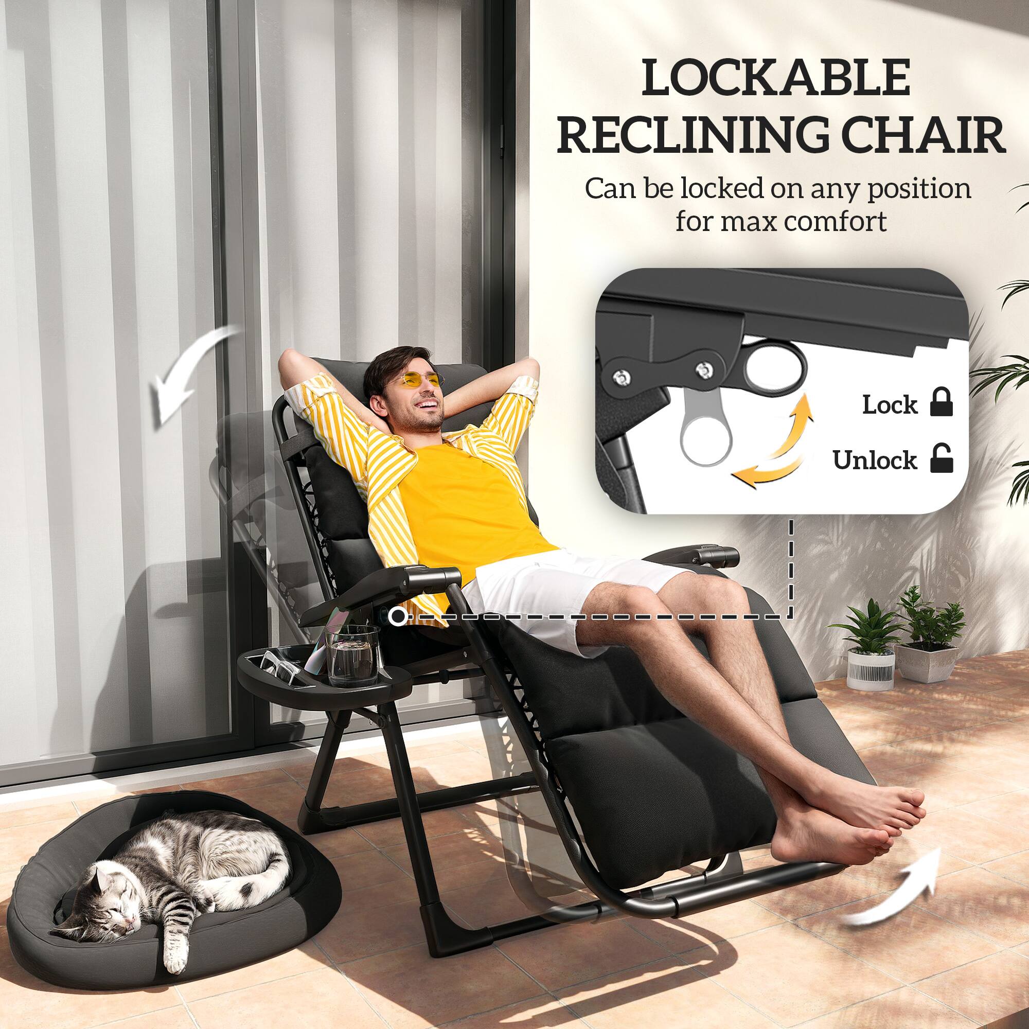 LOCKABLE RECLINING CHAIR
Can be locked on any position for max comfort
Lock
Unlock