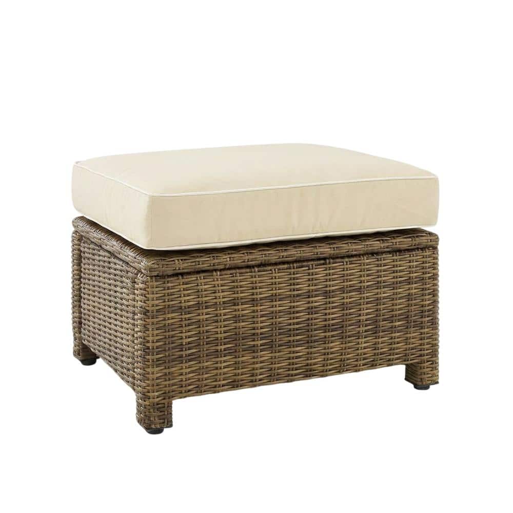 Outdoor Escape - Brown Wicker Outdoor Ottoman with Cushion – Foot Rest for Patio Lounging - Sand