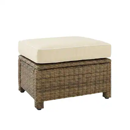Front. Outdoor Escape - Brown Wicker Outdoor Ottoman with Sand Cushion – Foot Rest for Patio Lounging - Sand.