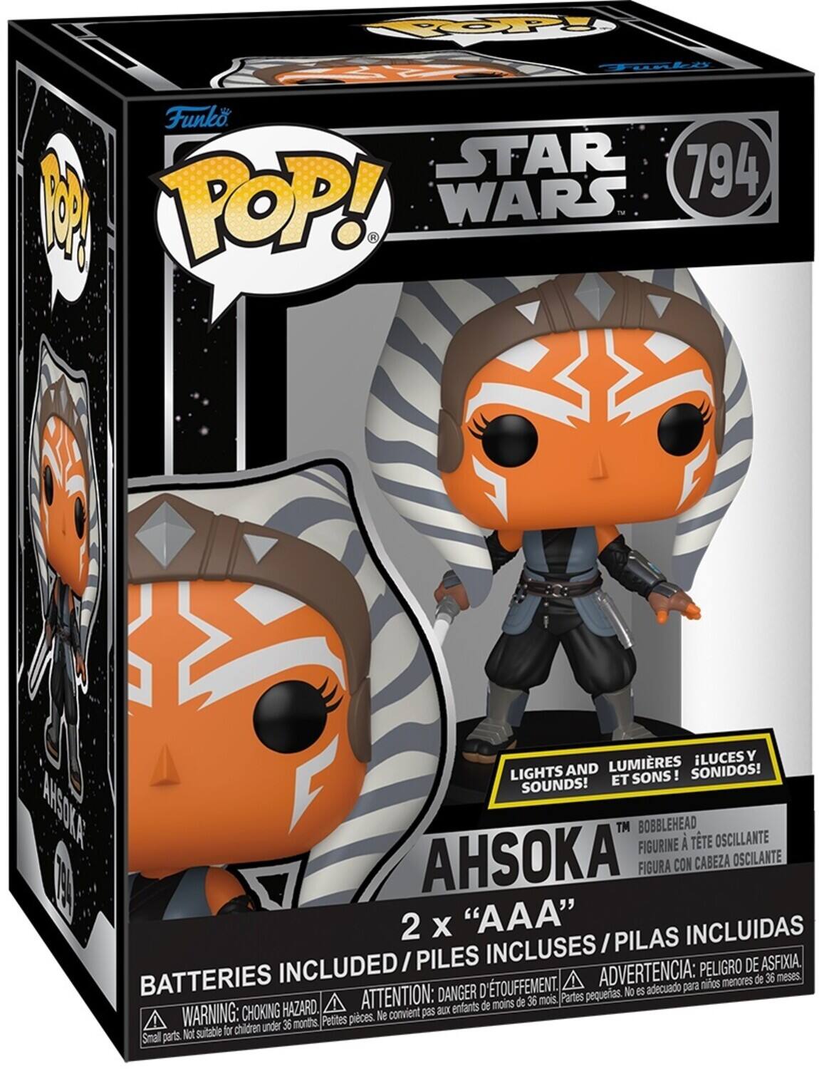 Sure, here is the corrected and grouped text from the image:

---

**Funko POP!**

**STAR WARS**

**794**

**AHSOKA**

**LIGHTS AND SOUNDS!**  
**LUMIÈRES ET SONS!**  
**ILUCES Y SONIDOS!**

**BOBBLEHEAD FIGURINE À TÊTE OSCILLANTE**  
**FIGURA CON CABEZA OSCILANTE**

**2 x "AAA"**  
**BATTERIES INCLUDED / PILLES INCLUS / PILAS INCLUIDAS**

**WARNING: CHOKING HAZARD.**  
**ATTENTION: DANGER D'ÉTOUFFEMENT.**  
**ADVERTENCIA: PELIGRO DE ASFIXIA.**  
**Small parts. Not suitable for children under 36 months.**  
**Petites pièces. Ne convient pas aux enfants de moins de 36 mois.**  
**Partes pequeñas. No es adecuado para niños menores de 36 meses.**

---

This text is organized to reflect the information on the packaging, including warnings and details about the product.