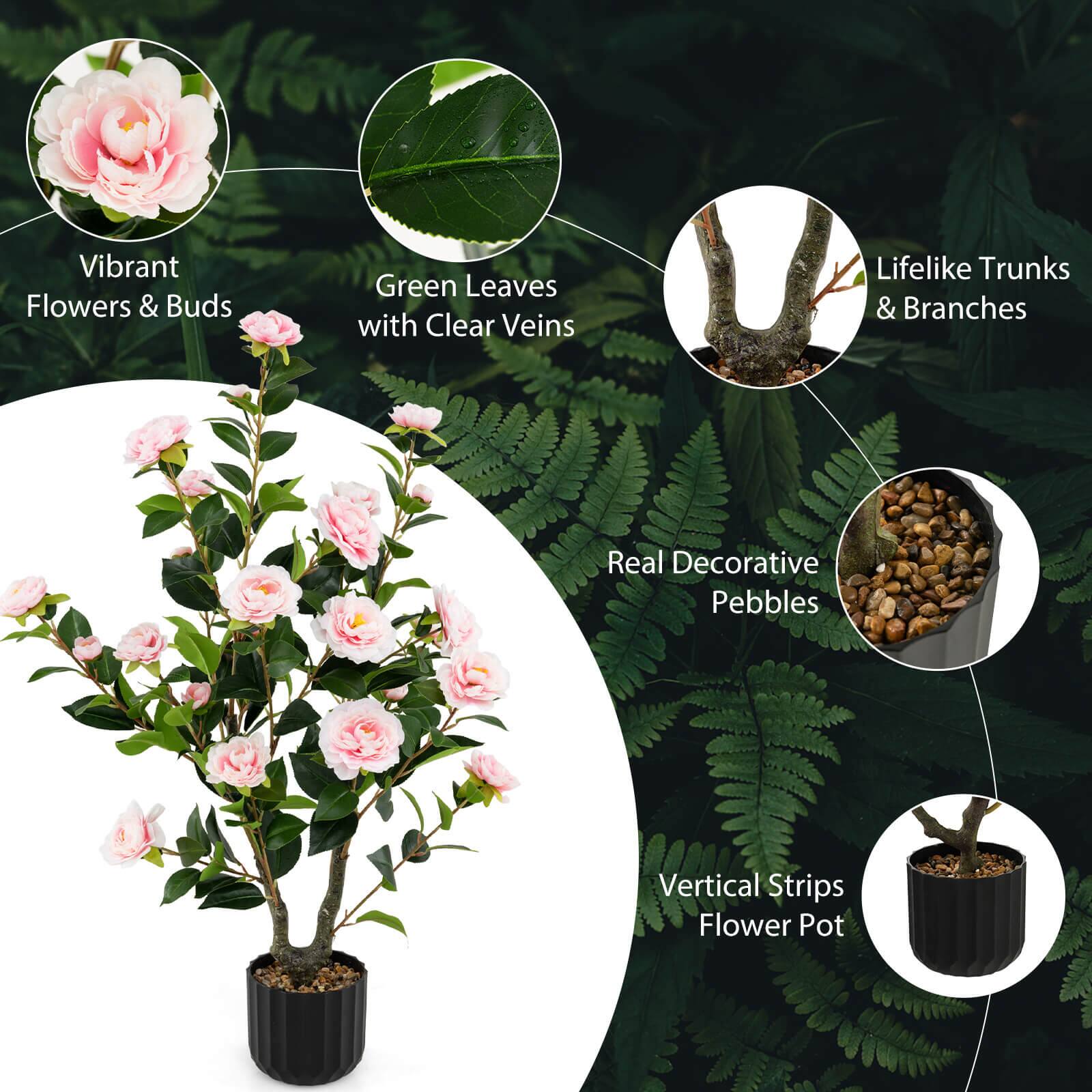 - Vibrant Flowers & Buds
- Green Leaves with Clear Veins
- Lifelike Trunks & Branches
- Real Decorative Pebbles
- Vertical Strips Flower Pot