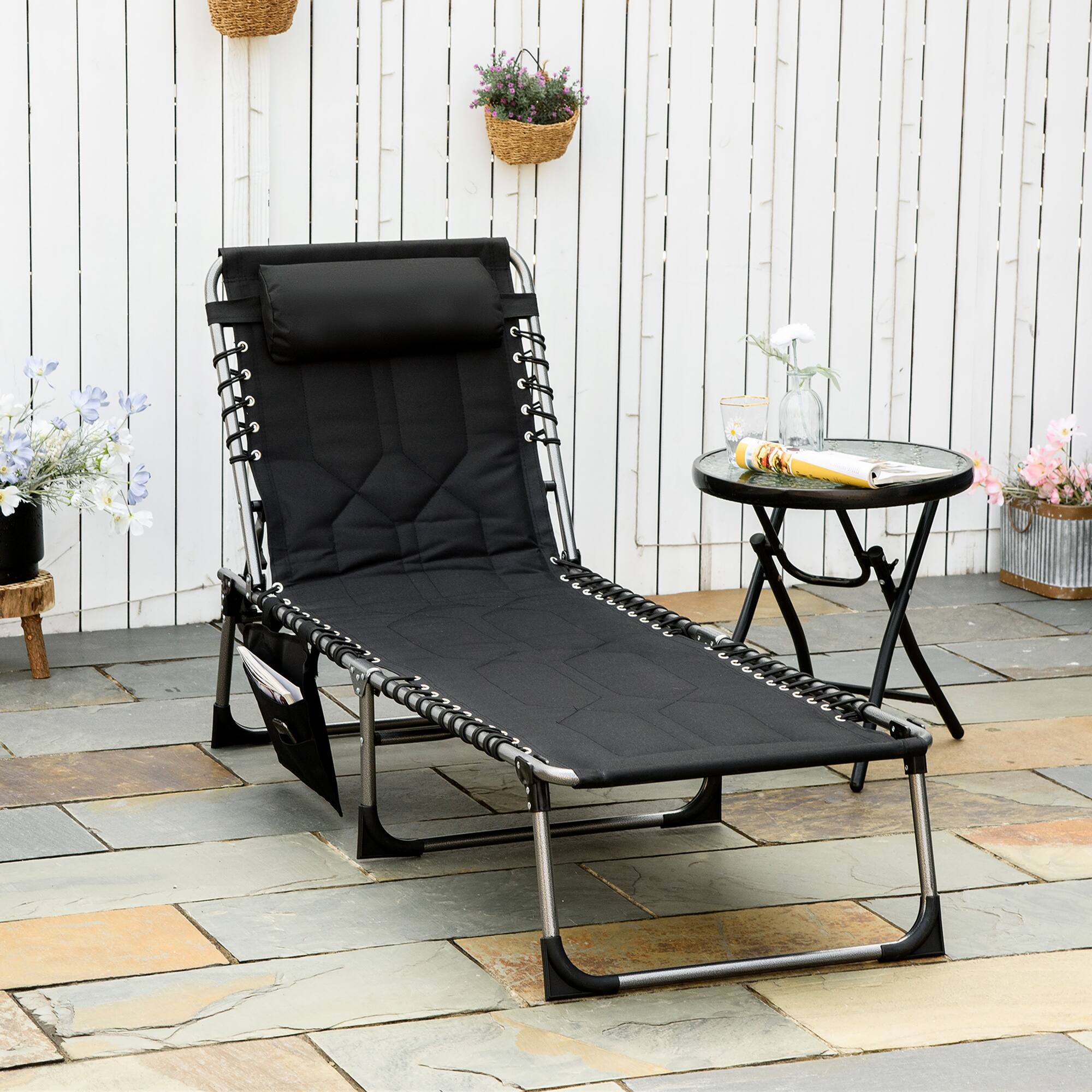 Alt View 1. Outsunny - Padded Folding Chaise Lounge Chair, Outdoor 6-Level Reclining Camping Tanning Chair with Headrest for Beach, Yard - Black.