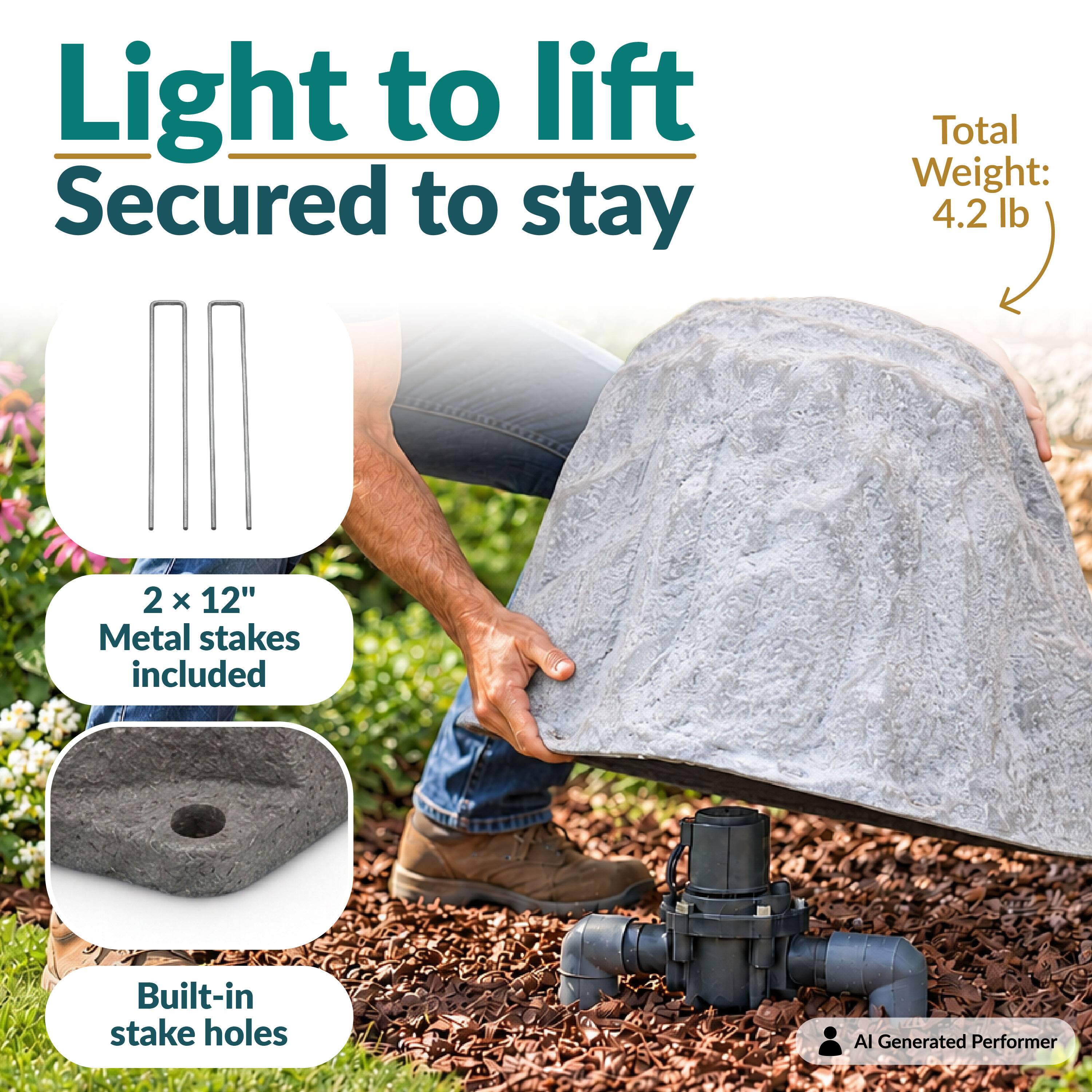 Light to lift  
Secured to stay  

Total Weight: 4.2 lb  

2 x 12" Metal stakes included  

Built-in stake holes  

AI Generated Performer