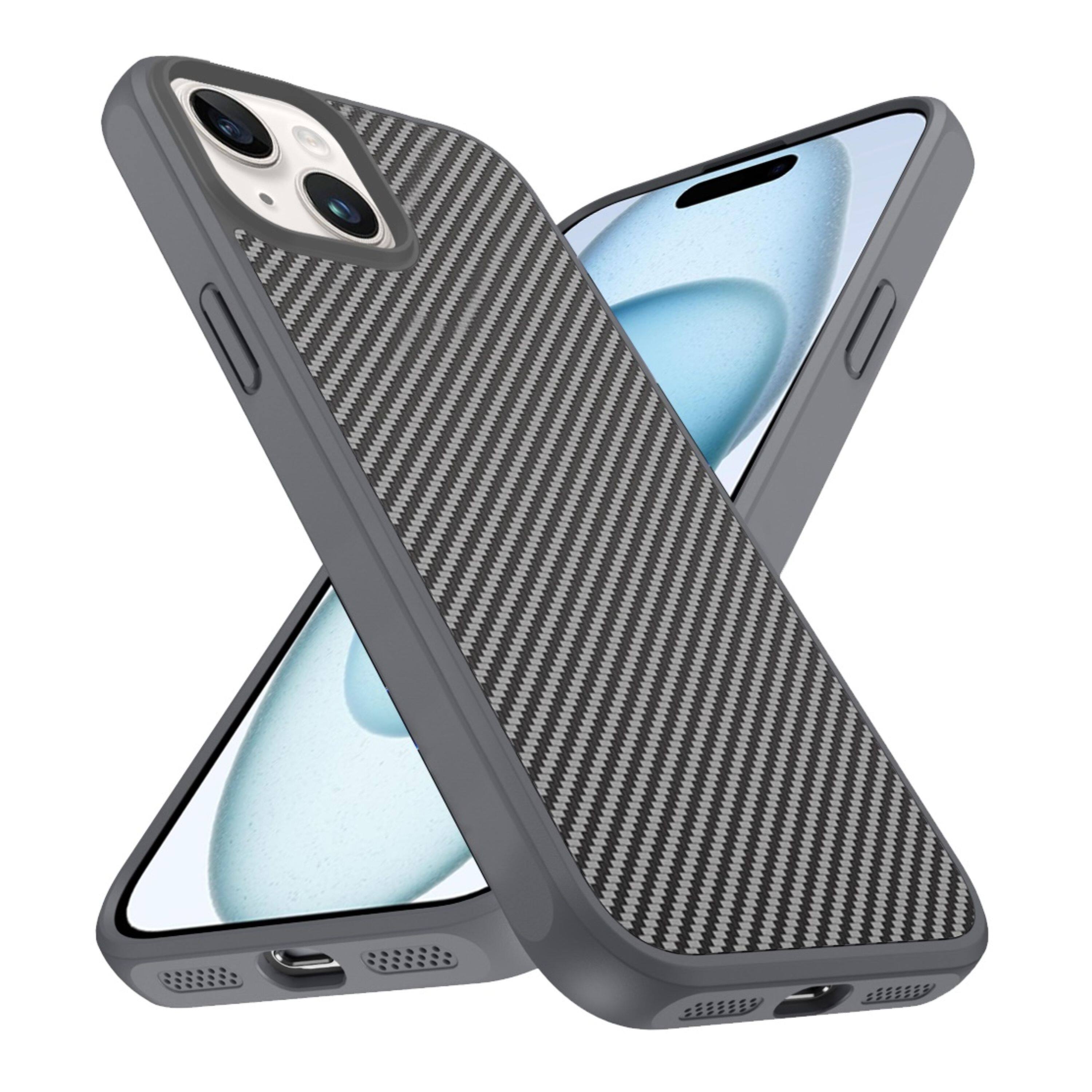Left. Kitcheniva - Carbon Fiber Print Hidden Magnetic Circle Phone Case With 2 Pcs Tempered Glass For iPhone 15 Grey - Grey.