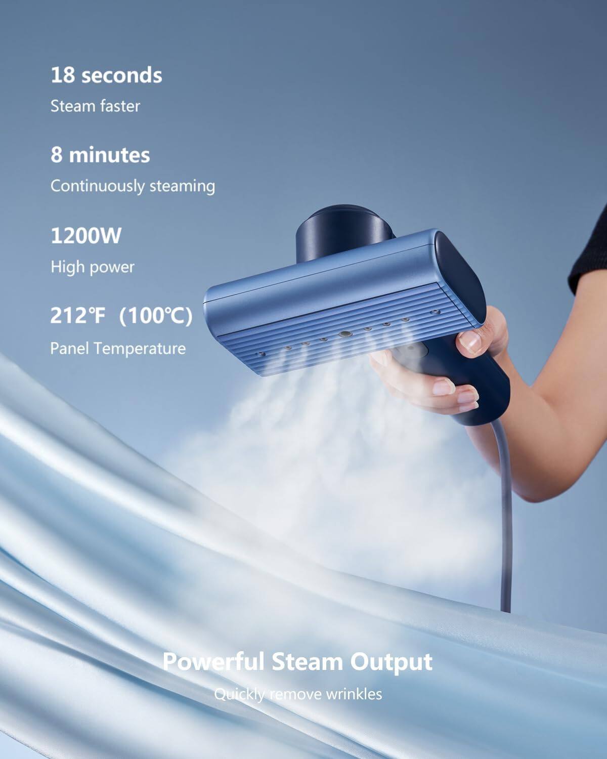 18 seconds  
Steam faster  

8 minutes  
Continuously steaming  

1200W  
High power  

212°F (100°C)  
Panel Temperature  

Powerful Steam Output  
Quickly remove wrinkles