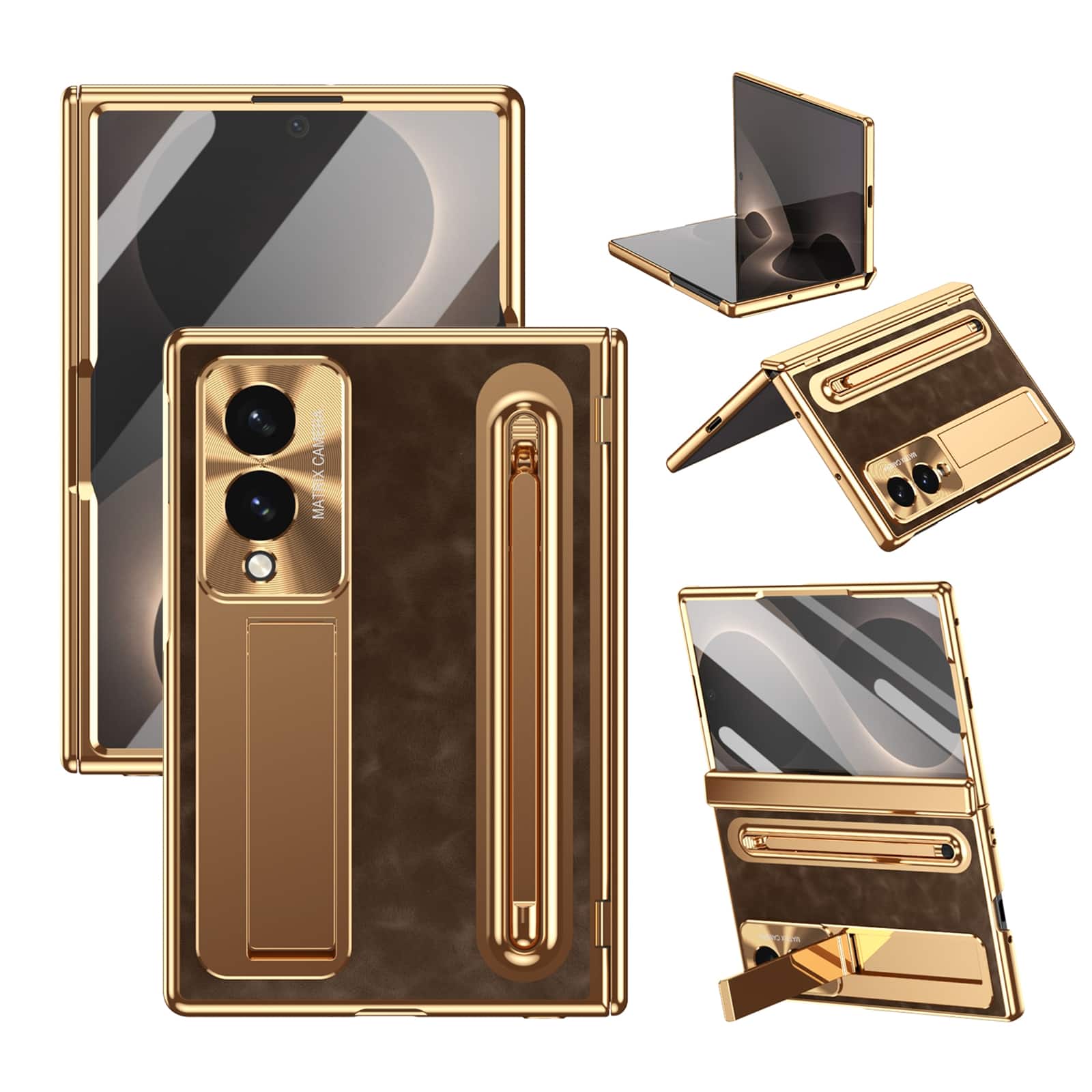 Dteck - Case For Samsung Galaxy Z Fold8, Luxury Plate Rugged Kickstand Hinge Protection Cover with Front Screen Film+Stylus - Gold+Brown price history on PriceWatchPro