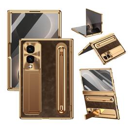 Dteck - Case For Samsung Galaxy Z Fold8, Luxury Plate Rugged Kickstand Hinge Protection Cover with Front Screen Film+Stylus - Gold+Brown