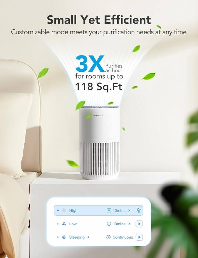 Small Yet Efficient  
Customizable mode meets your purification needs at any time  

3X  
Purifies an hour  
for rooms up to  
118 Sq.Ft  

High  
Low  
Sleeping  
Continuous  

10mins  
10mins  
Continuous