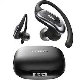 TOZO - AI Translation Active Noise Cancelling Earbuds, 100H, Powerful Bass+, Stable Earhook, ENC 6-Mics, Comfort-Fit for Sports - Black