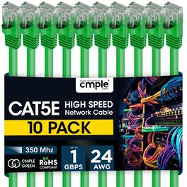 Cmple.com - Cmple - 10 Pack Cat5e Ethernet Cable 7ft Internet Cables, RJ45 Connectors 1Gbps LAN Patch Cord 350Mhz Wire - Green