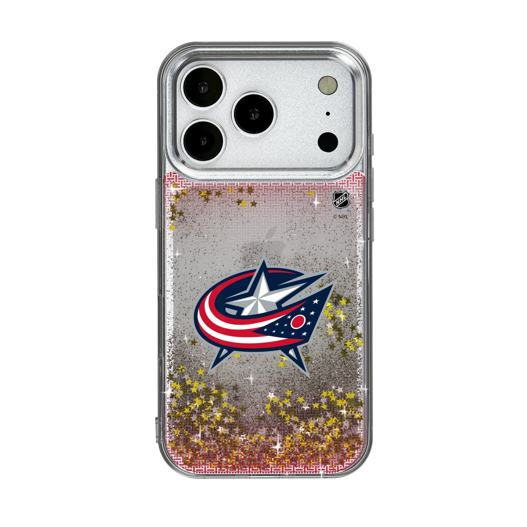Front. Keyscaper - Columbus Blue Jackets Linen Logo iPhone Glitter Case - 13 Pro - Multicolor.