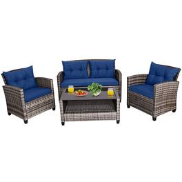 Gymax - 4PCS Rattan Furniture Set Coffee Table Cushioned Sofa Garden Lawn Patio - Navy
