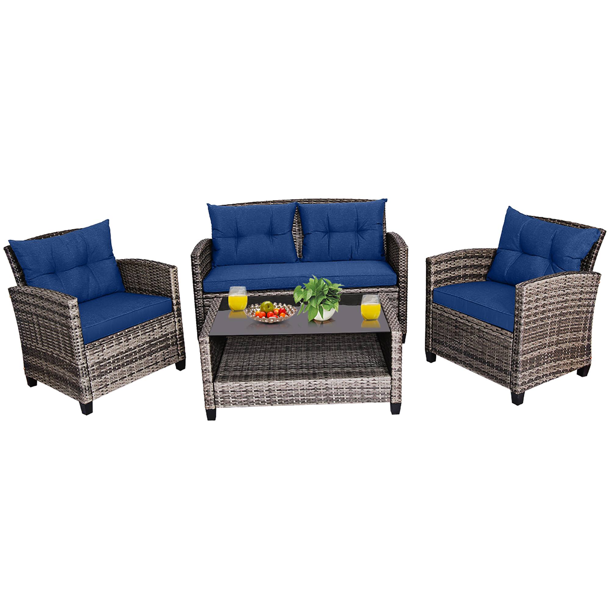 Front. Gymax - Gymax 4PCS Rattan Furniture Set Coffee Table Cushioned Sofa Garden Lawn Patio Navy - Navy.