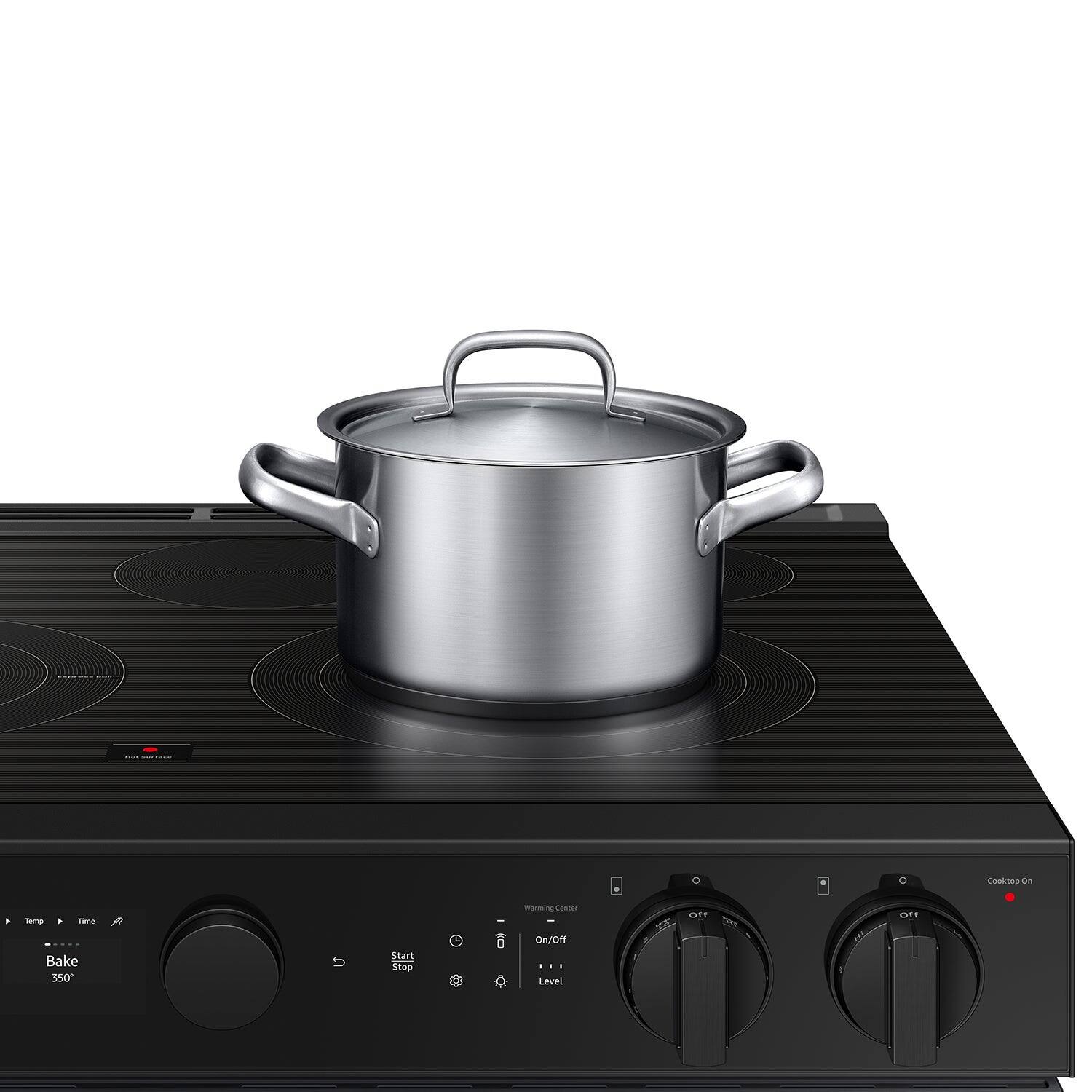 Cooktop, Temperature, Bake 350, Start, Stop, Warming, Low, Medium, High, Level, Est.