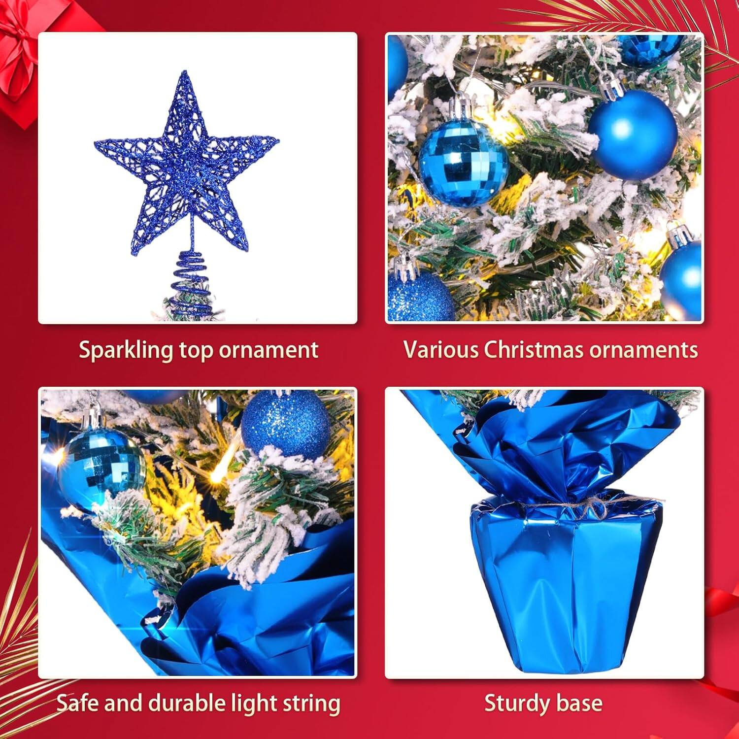 - Sparkling top ornament
- Various Christmas ornaments
- Safe and durable light string
- Sturdy base