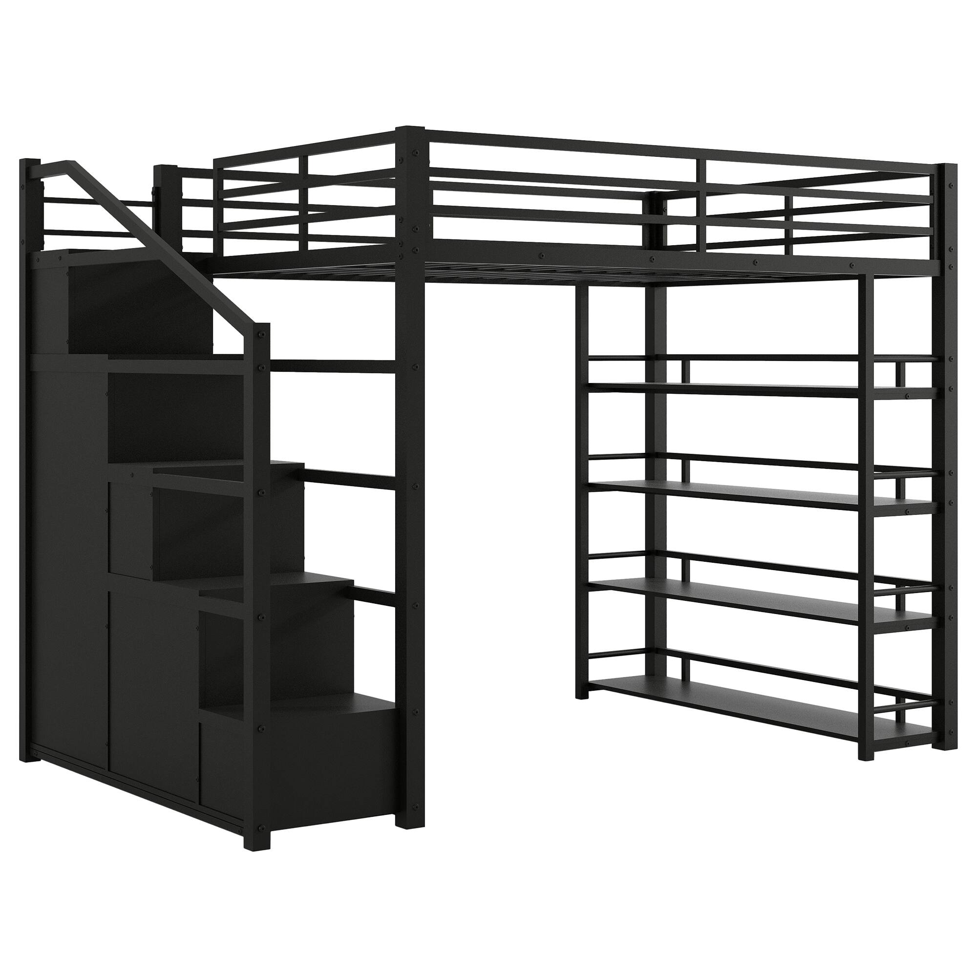 Back. Anysun - Full Size Metal Loft Bed with Storage Shelves, Cabinets & Wardrobe, Space-Saving Design for Small Rooms - Black.
