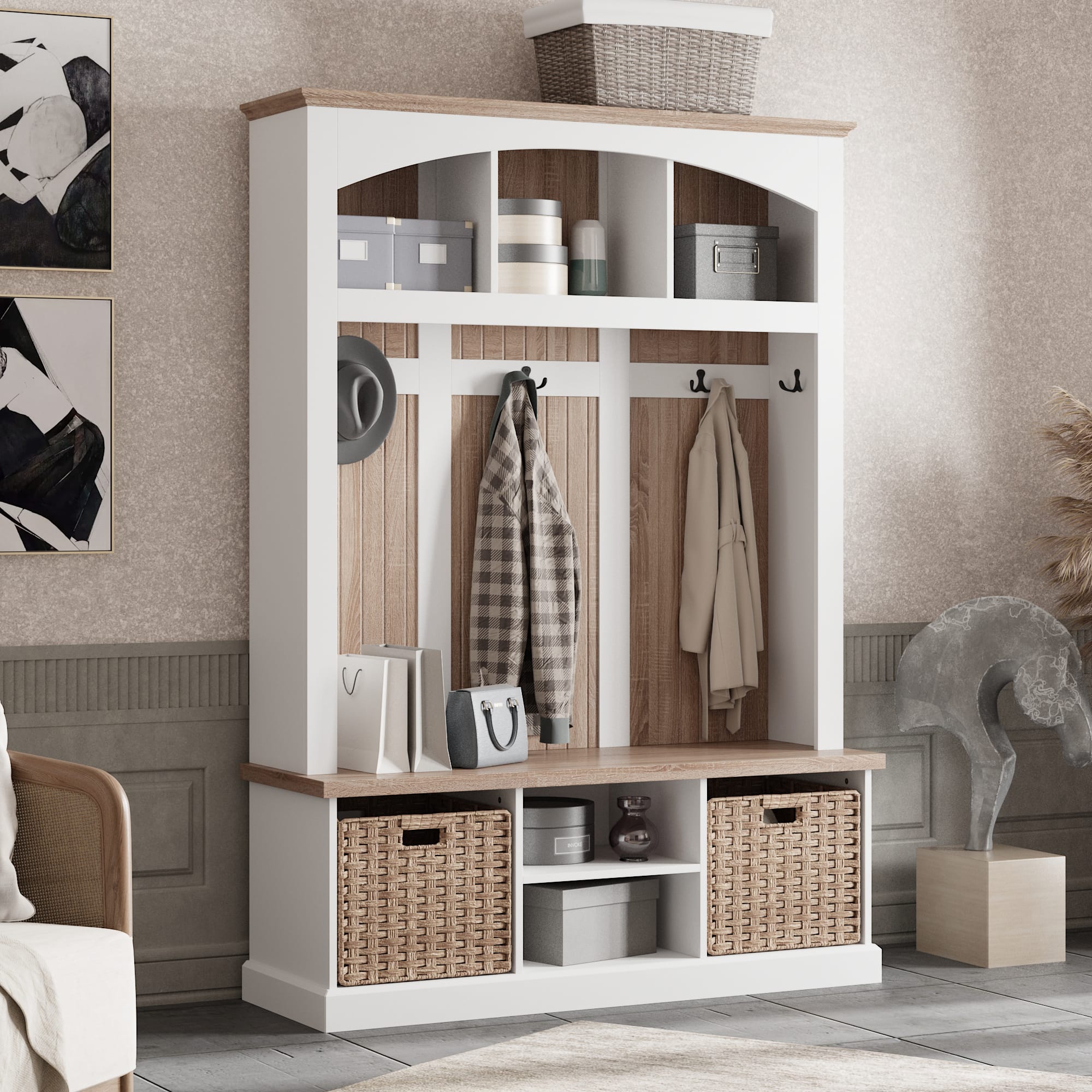 FUFU&GAGA Hall Tree with Coat Rack Shoe Storage Bench and Natural