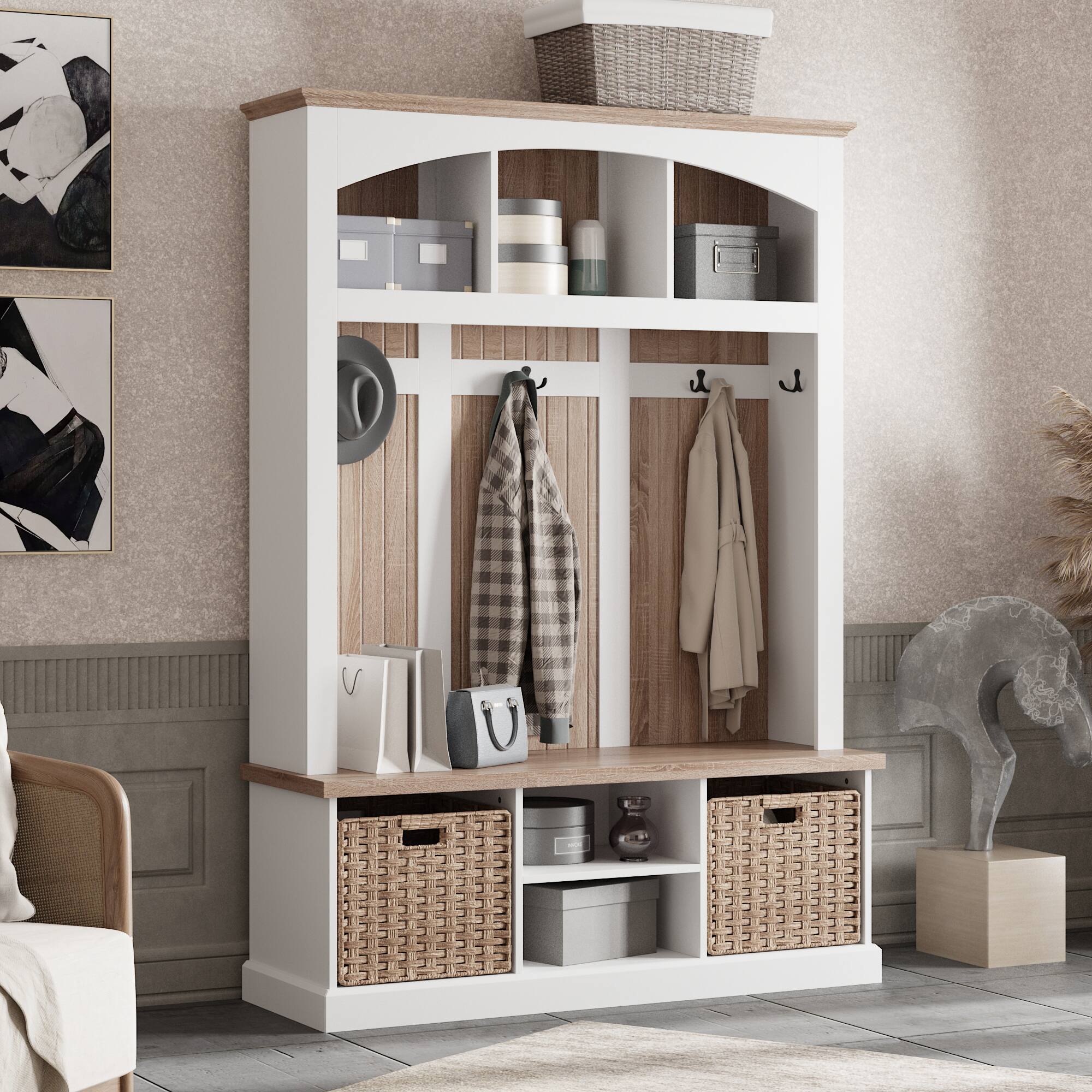 Left. FUFU & GAGA - Hall Tree with Coat Rack Shoe Storage Bench and Natural Rattan Baskets for Entryway Organization - White & Wooden.