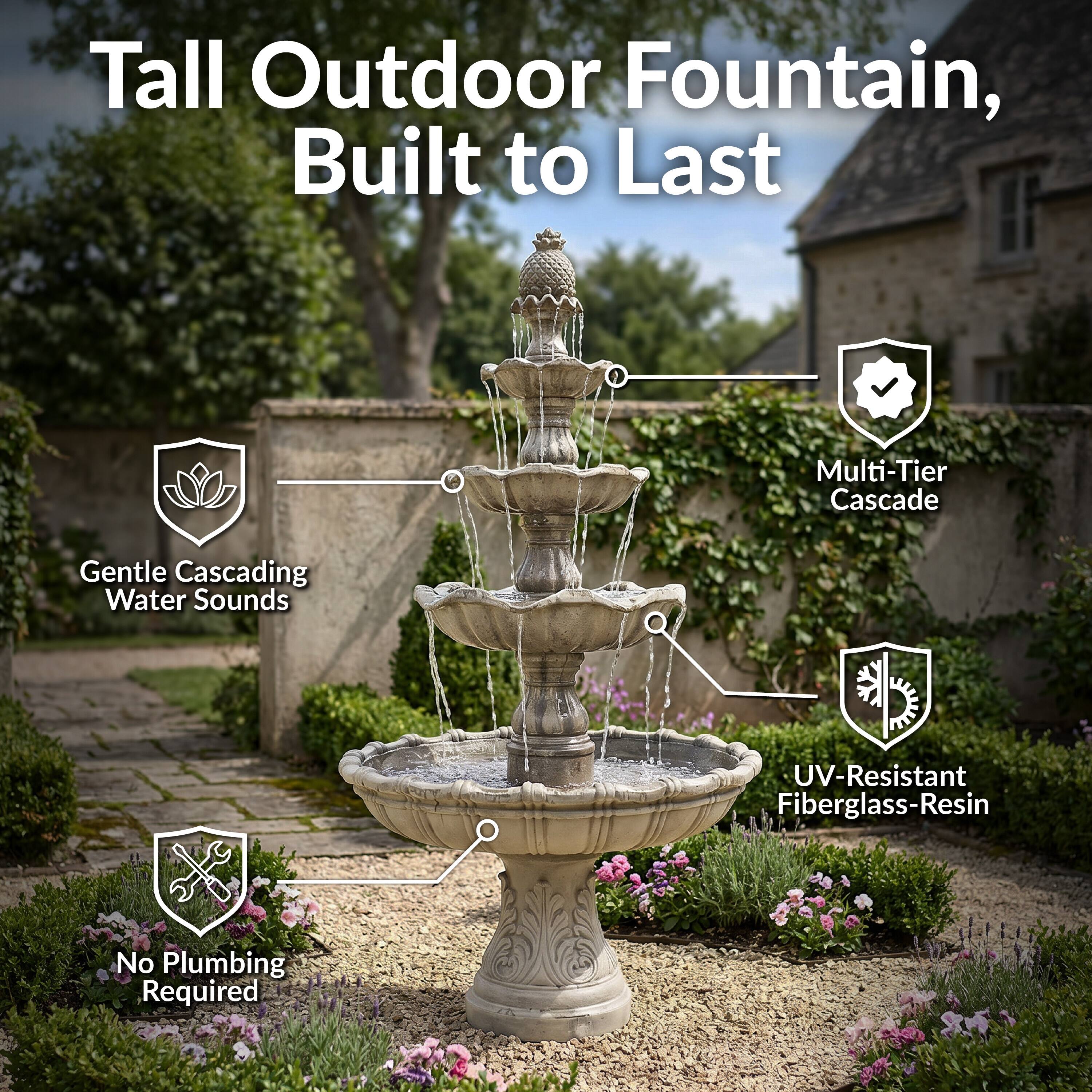 Tall Outdoor Fountain, Built to Last

- Multi-Tier Cascade
- Gentle Cascading Water Sounds
- UV-Resistant Fiberglass-Resin
- No Plumbing Required